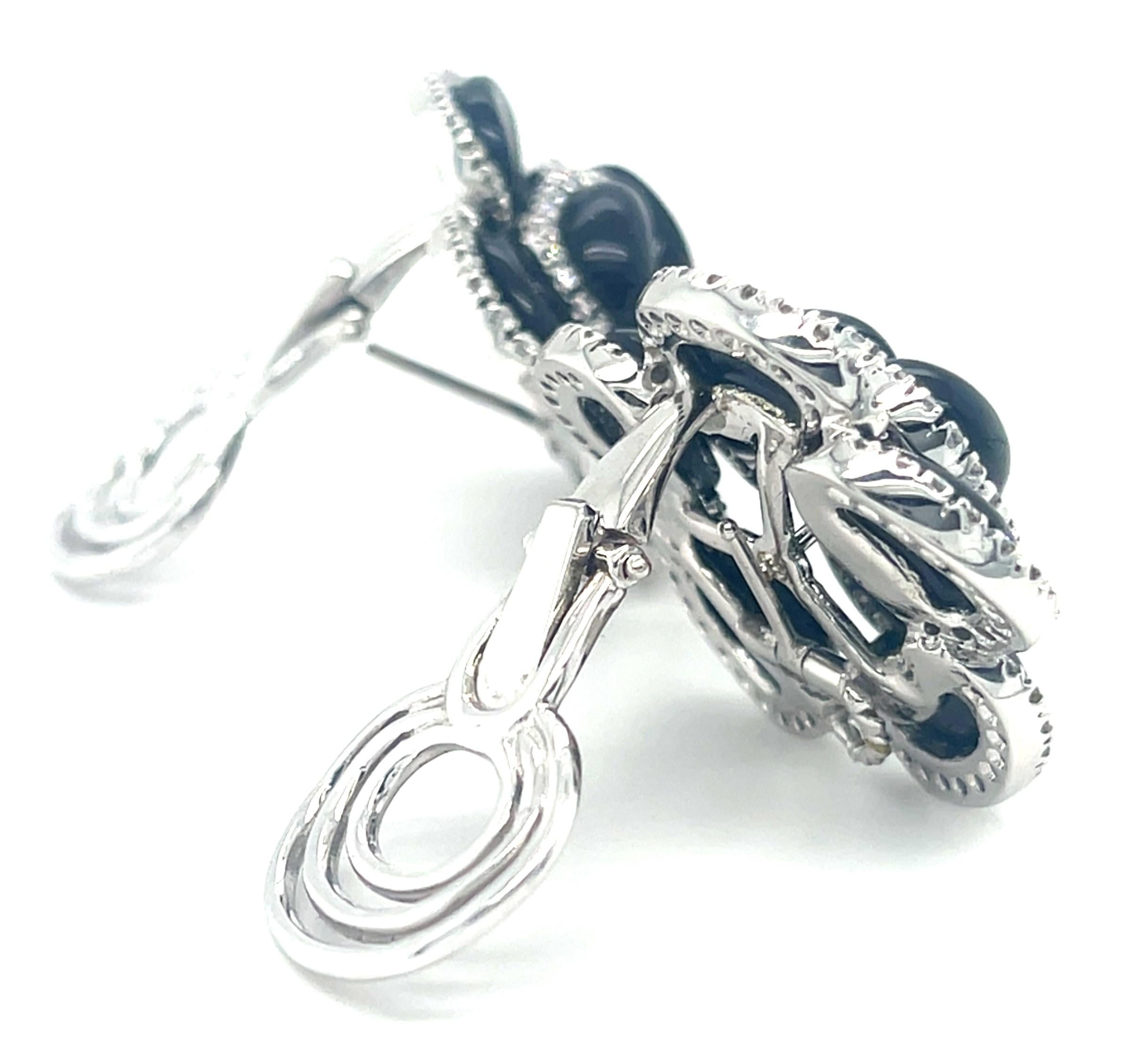 18k White Gold Roberto Casarin Diamond and Onyx Flower Ear Clips Gorgeous! For Sale 1