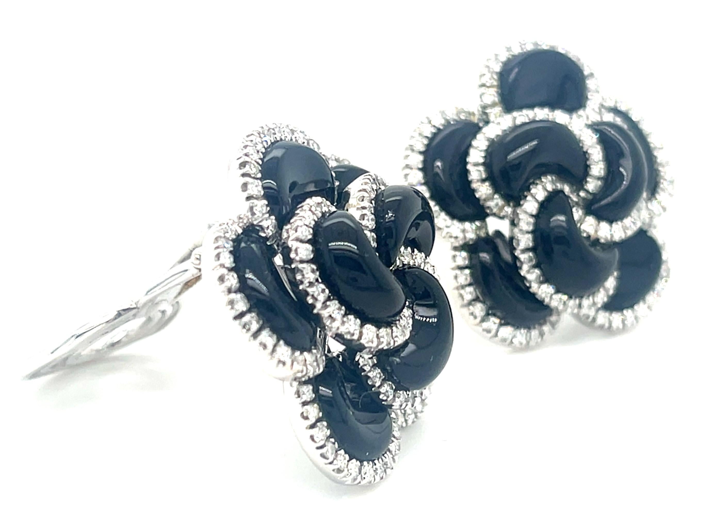 18k White Gold Roberto Casarin Diamond and Onyx Flower Ear Clips Gorgeous! For Sale 2