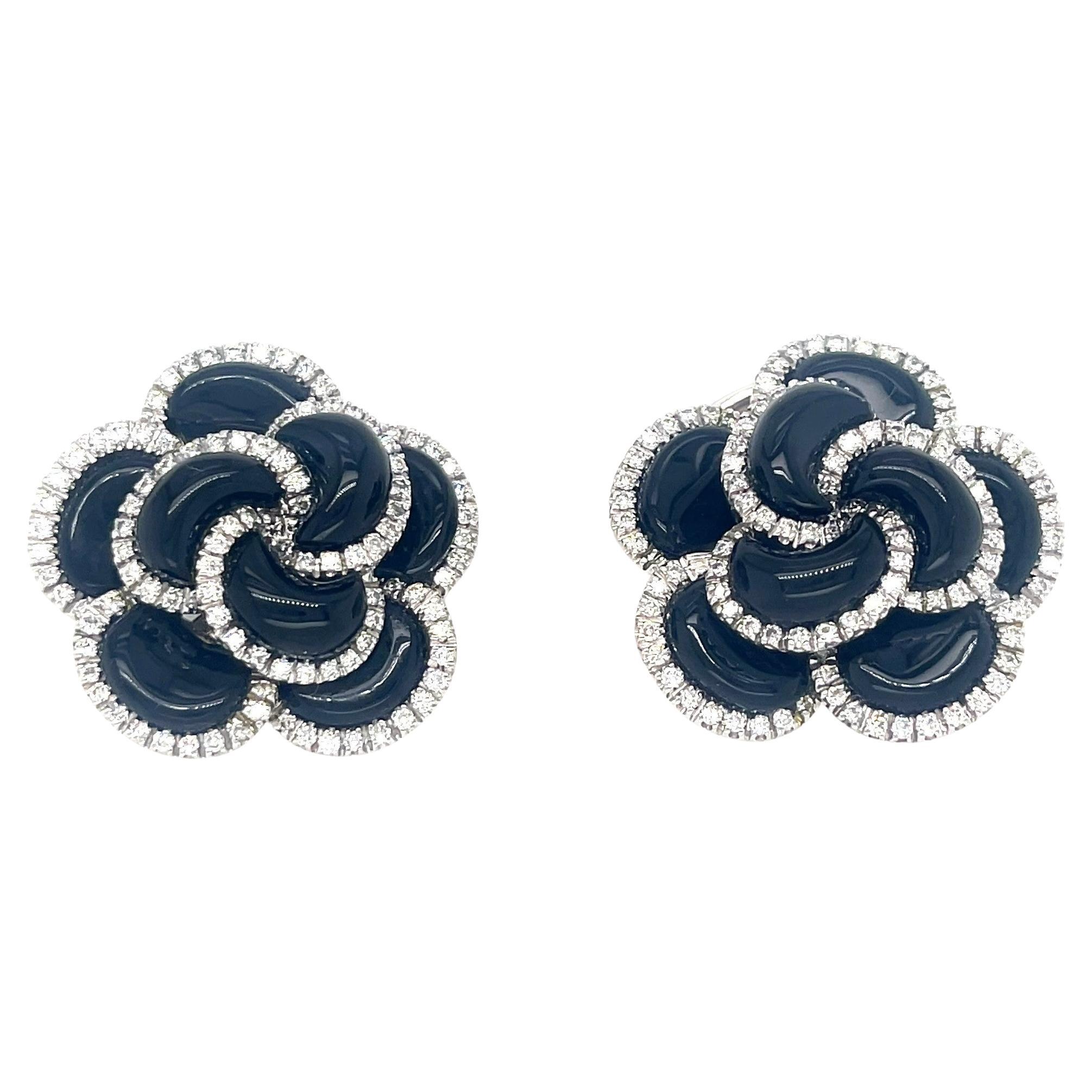 18k White Gold Roberto Casarin Diamond and Onyx Flower Ear Clips Gorgeous! For Sale