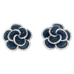 18k White Gold Roberto Casarin Diamond and Onyx Flower Ear Clips Gorgeous!