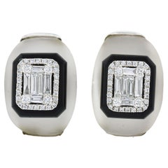 18k White Gold Rock Crystal Black Onyx & Baguette Diamond Domed Button Earrings