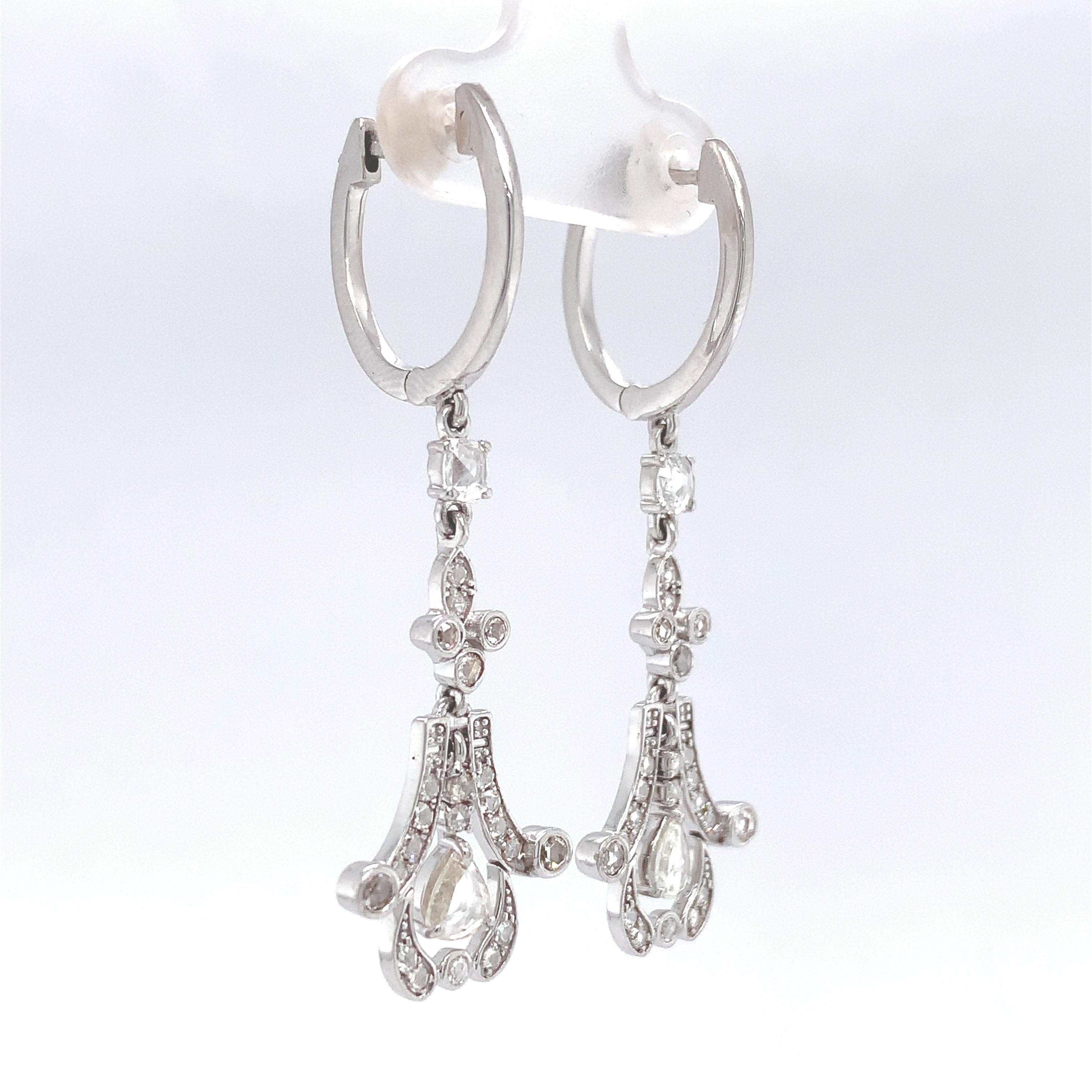 Women's 18K white gold Rose Cut 1 carat Diamond Dangle Drop Earrings For Sale