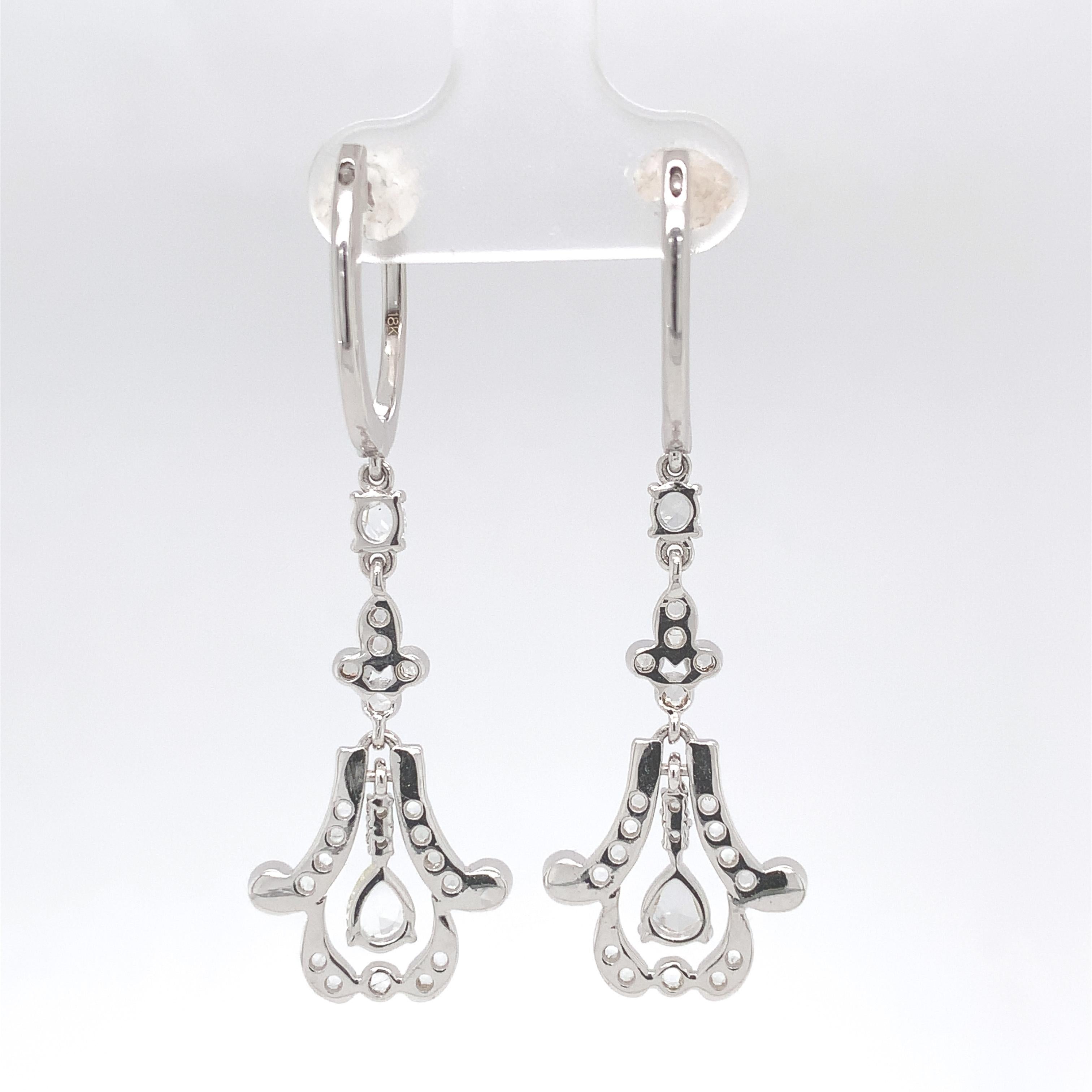 18K white gold Rose Cut 1 carat Diamond Dangle Drop Earrings For Sale 1
