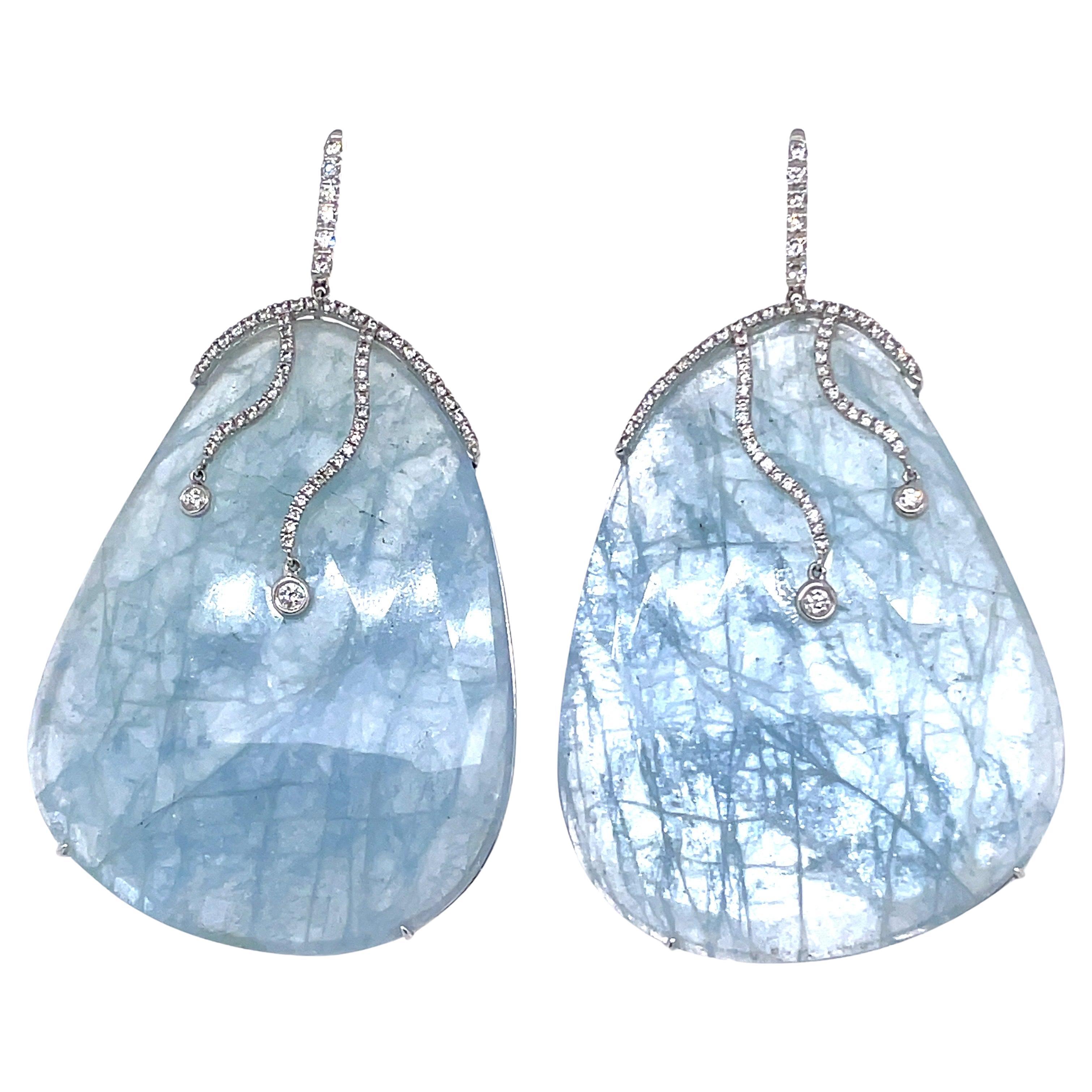 18k White Gold Rose Cut Aquamarine Cts 120.53 Diamond Earrings For Sale