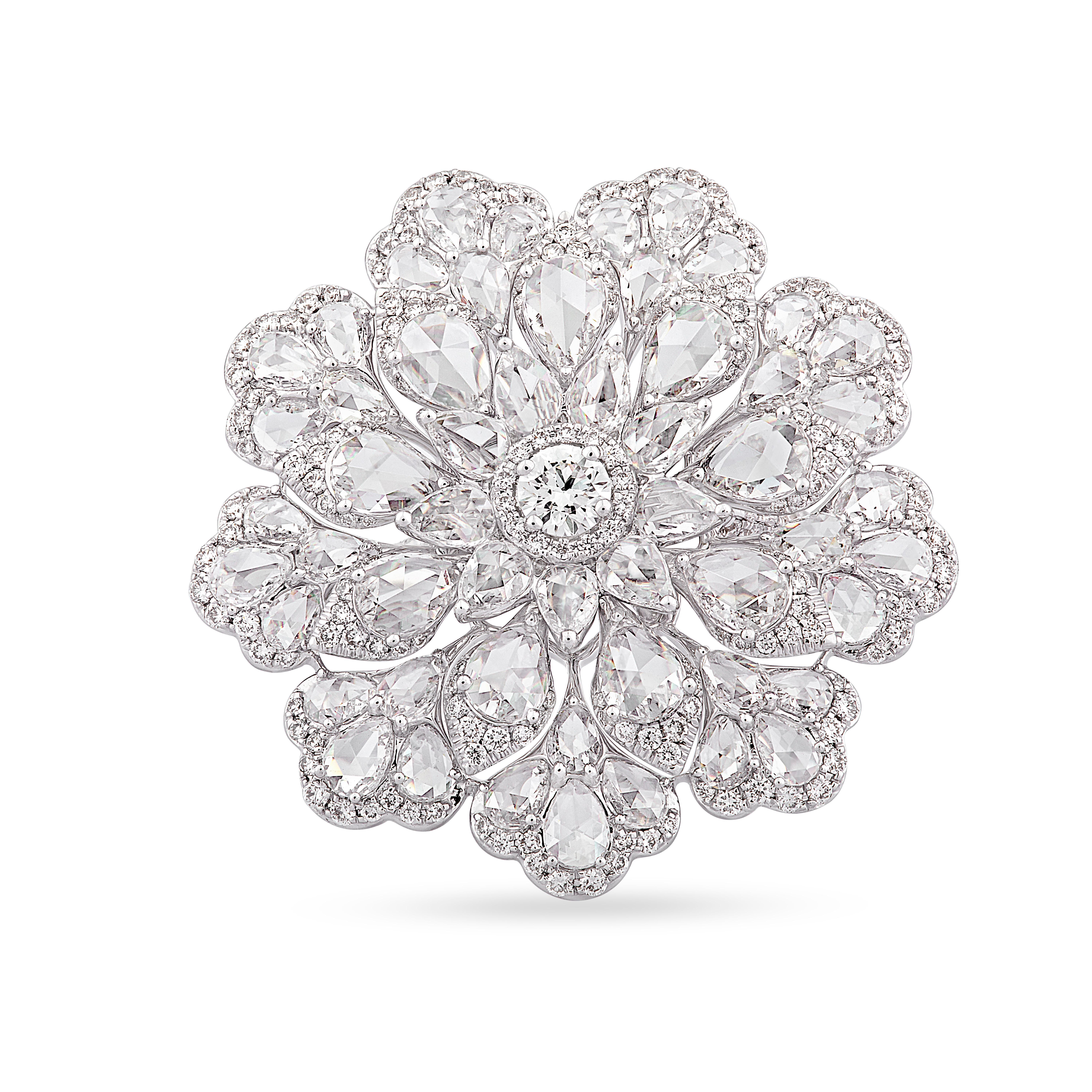 Art Deco 18K White Gold Rose Cut Diamond 4.38cts Floral Cocktail Statement Ring For Sale