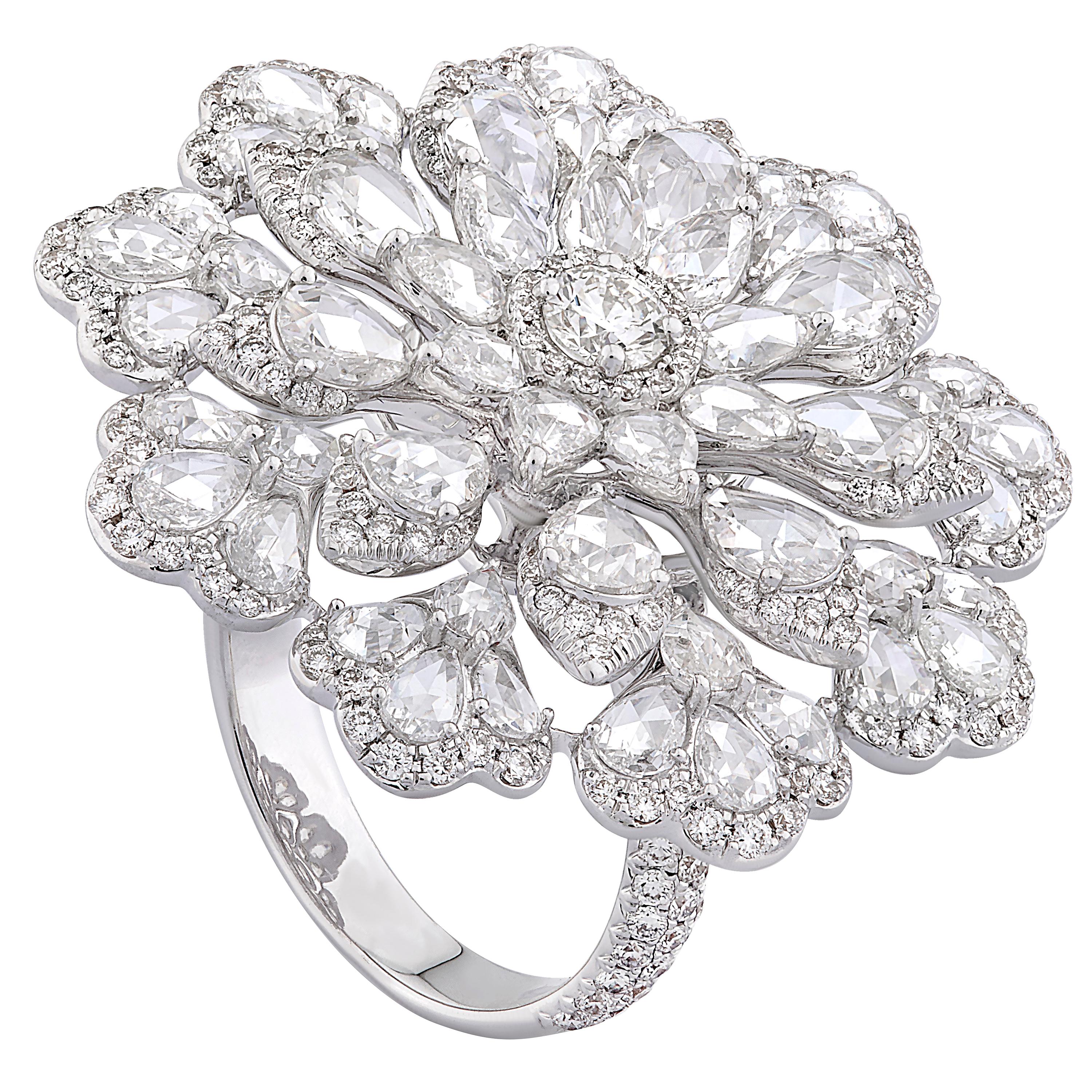 18K White Gold Rose Cut Diamond 4.38cts Floral Cocktail Statement Ring For Sale