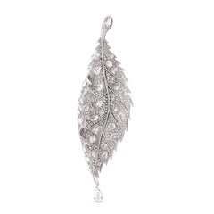 18 Karat White Gold Rose Cut Diamond and Briolette Drop Leaf Brooch