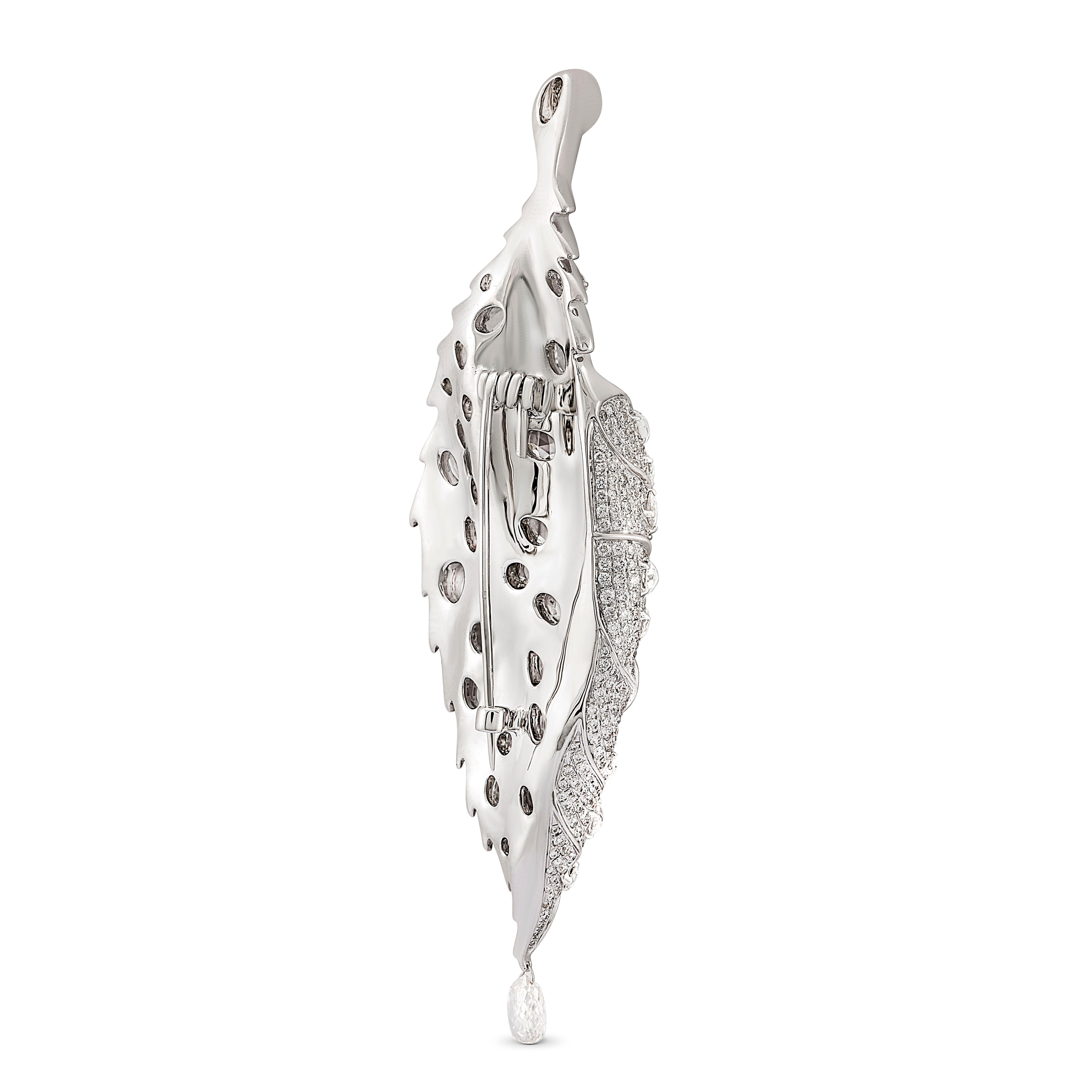 Contemporary 18 Karat White Gold Rose Cut Diamond and Briolette Drop Leaf Brooch For Sale
