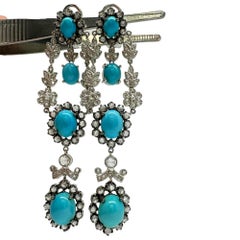 18K White Gold Rose Cut Diamond and Persian Turquoise Drop Earrings