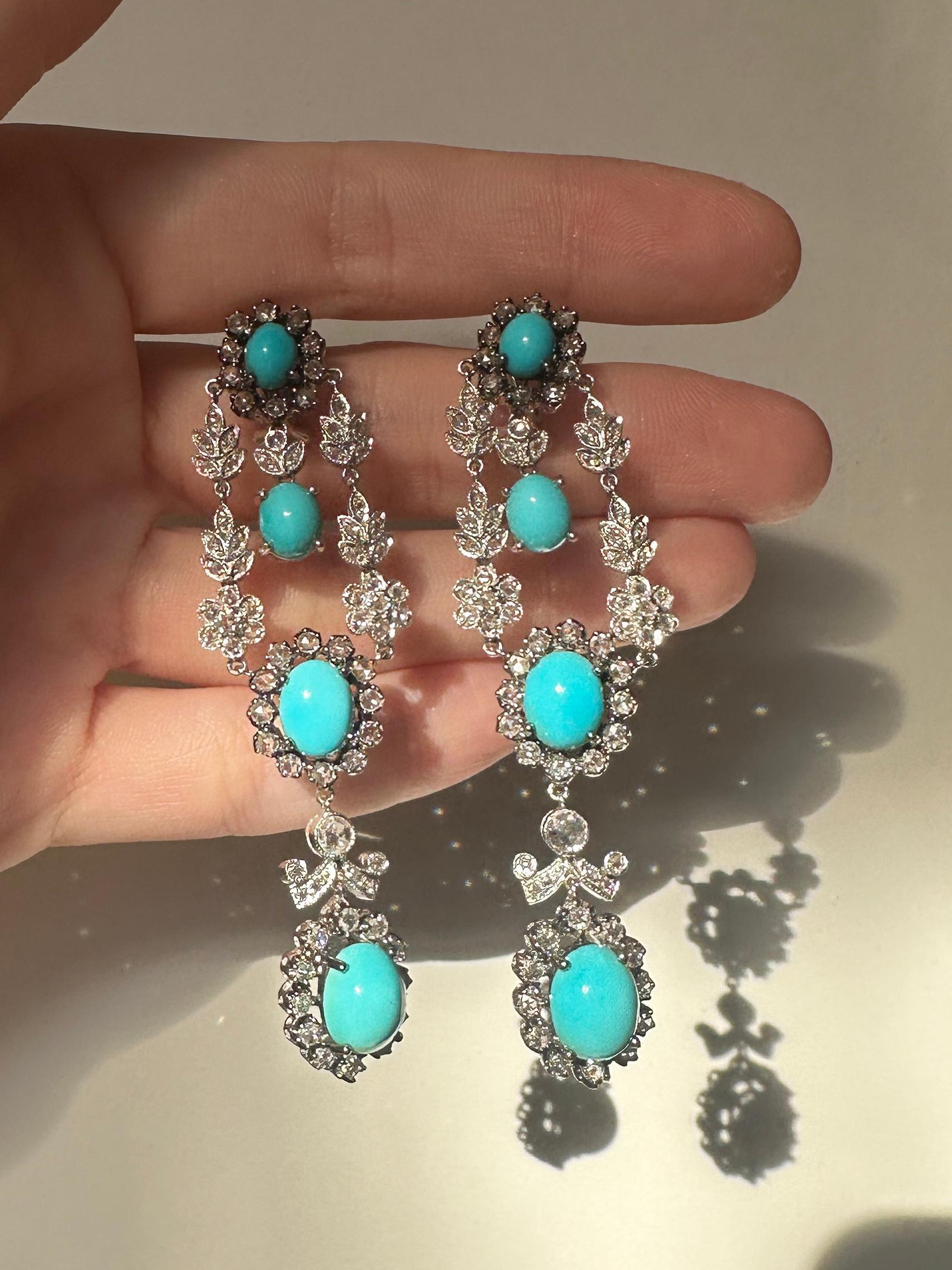 18K White Gold Rose Cut Diamond and Persian Turquoise Drop Earrings In Good Condition For Sale In New York, NY