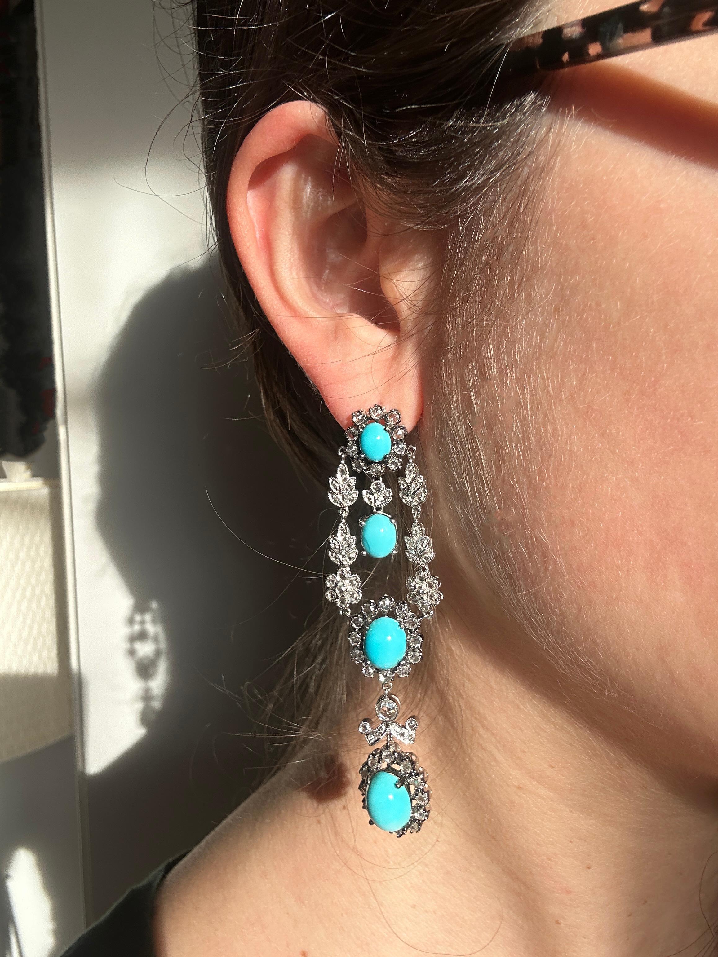 Women's 18K White Gold Rose Cut Diamond and Persian Turquoise Drop Earrings For Sale