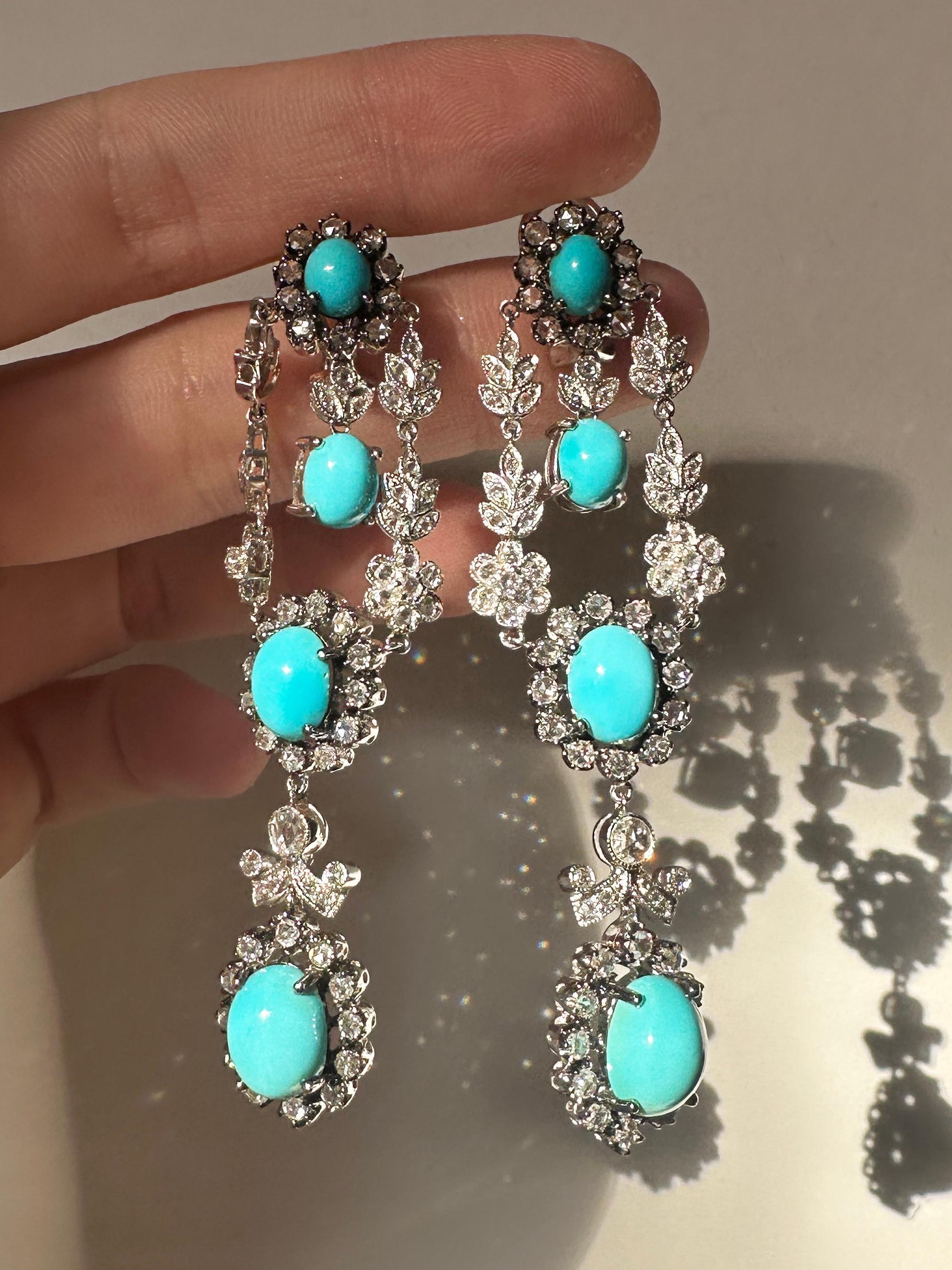 18K White Gold Rose Cut Diamond and Persian Turquoise Drop Earrings For Sale 1