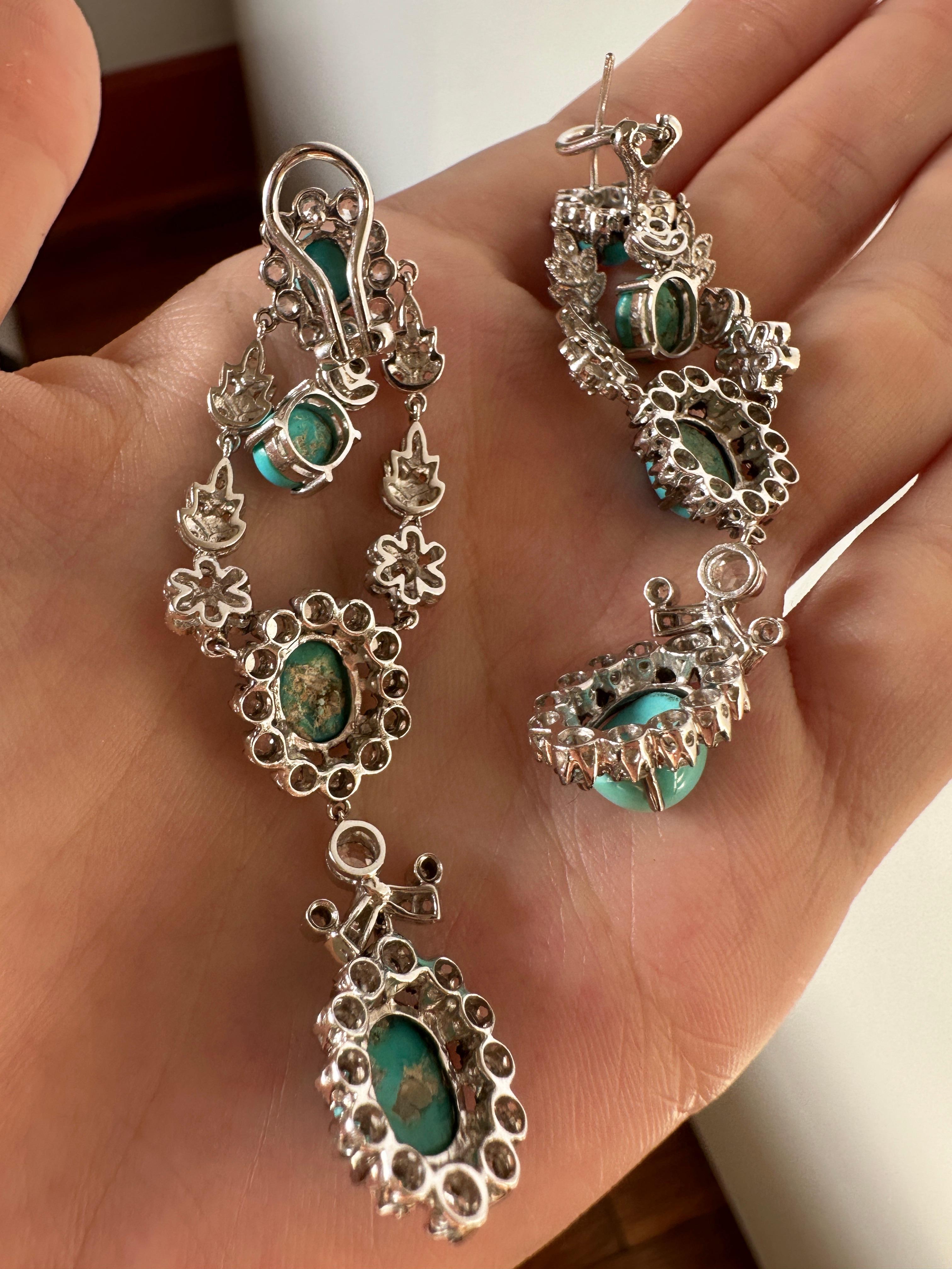 18K White Gold Rose Cut Diamond and Persian Turquoise Drop Earrings For Sale 2