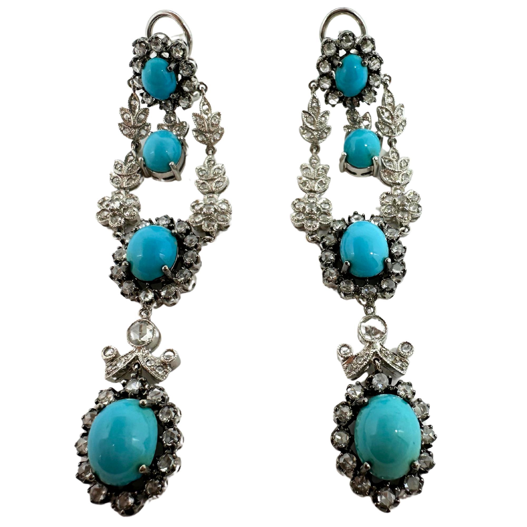 18K White Gold Rose Cut Diamond and Persian Turquoise Drop Earrings For Sale 4