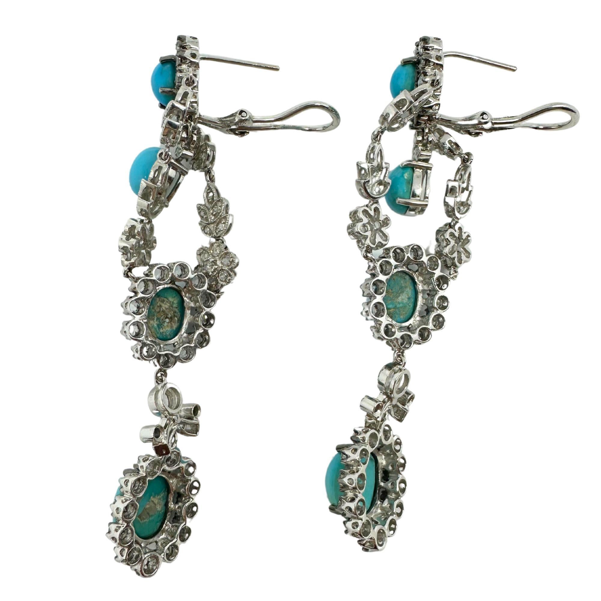 18K White Gold Rose Cut Diamond and Persian Turquoise Drop Earrings For Sale 5