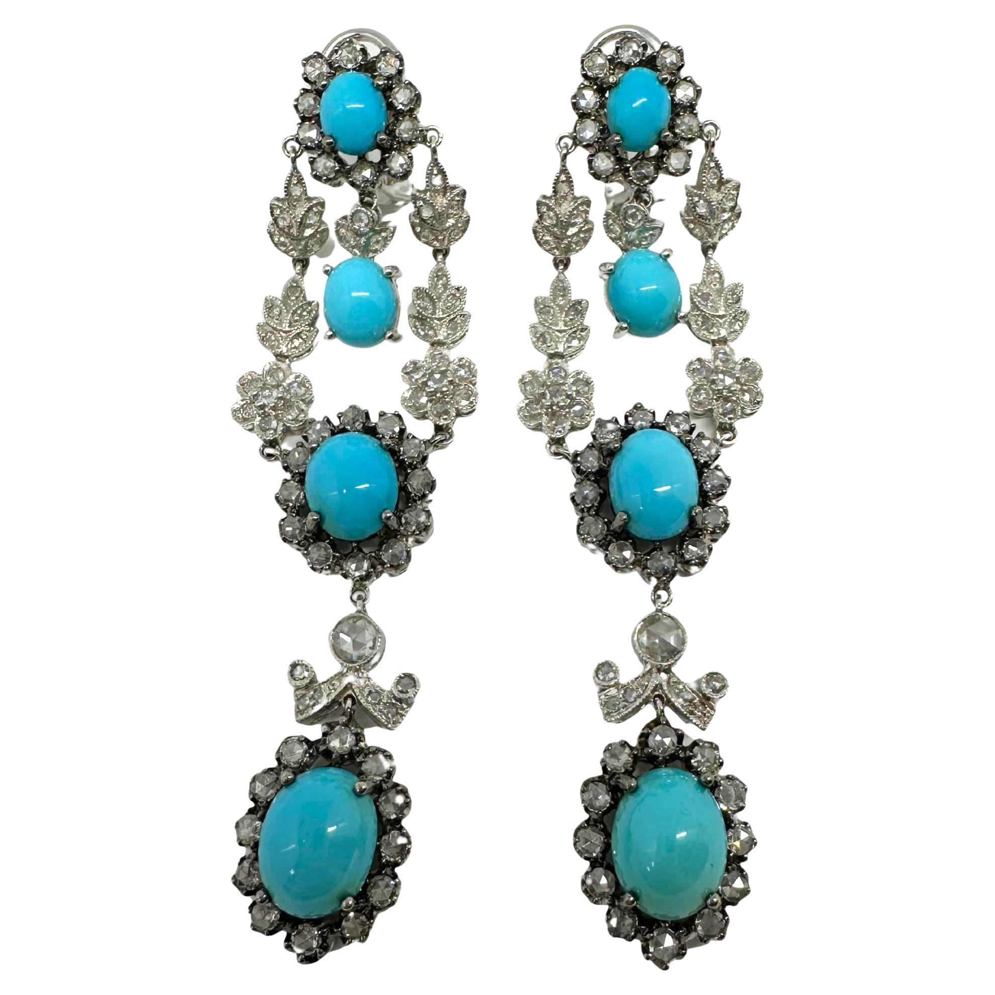 18K White Gold Rose Cut Diamond and Persian Turquoise Drop Earrings For Sale