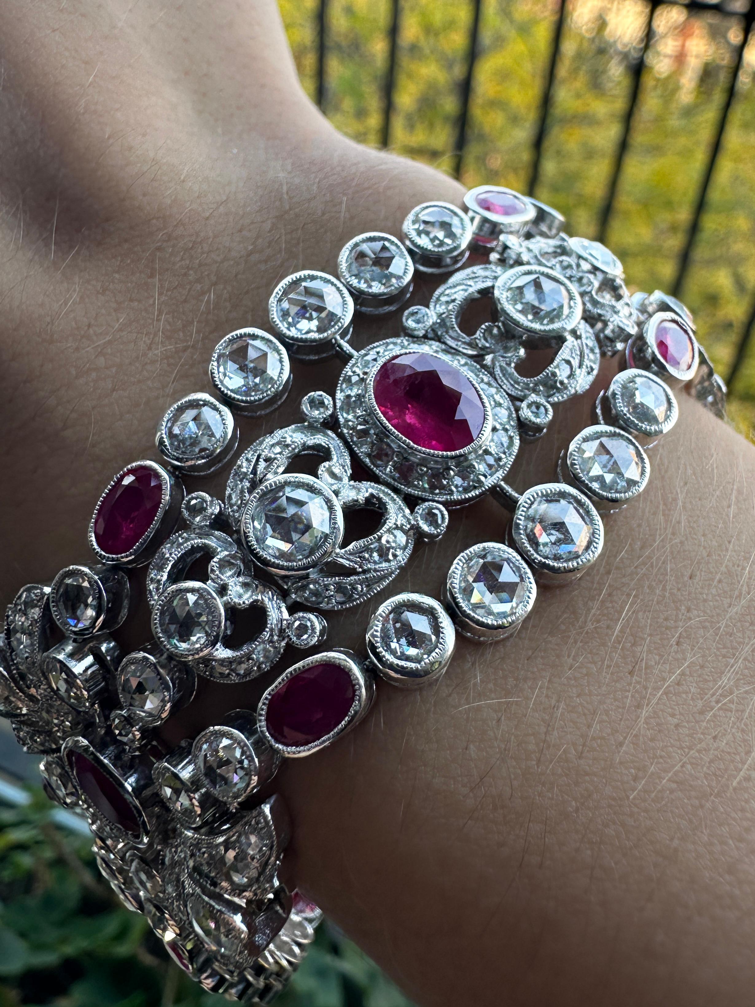 Bracciale con diamanti e rubini taglio rosa in oro bianco 18 carati in vendita 4