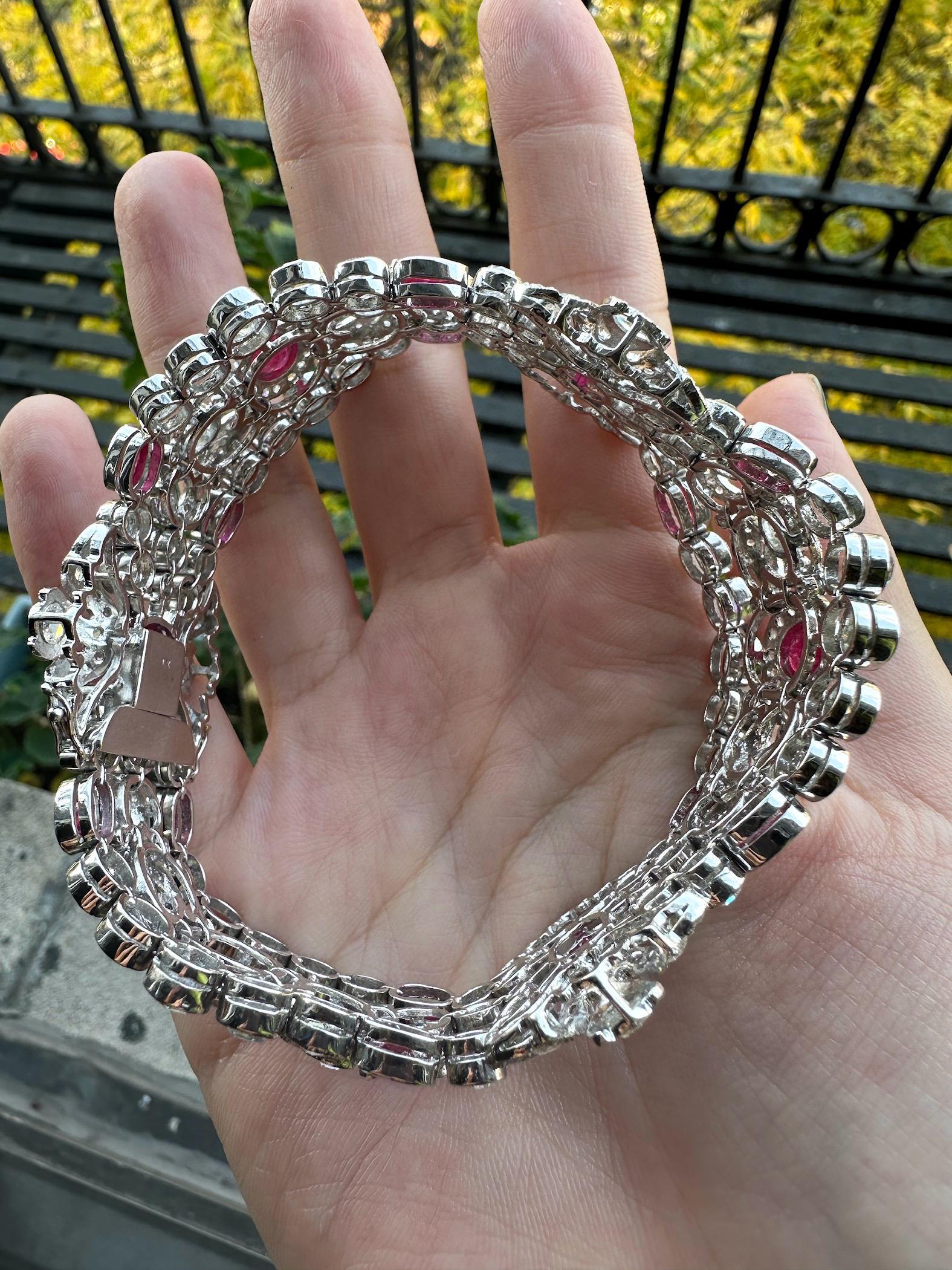 Bracciale con diamanti e rubini taglio rosa in oro bianco 18 carati in vendita 6