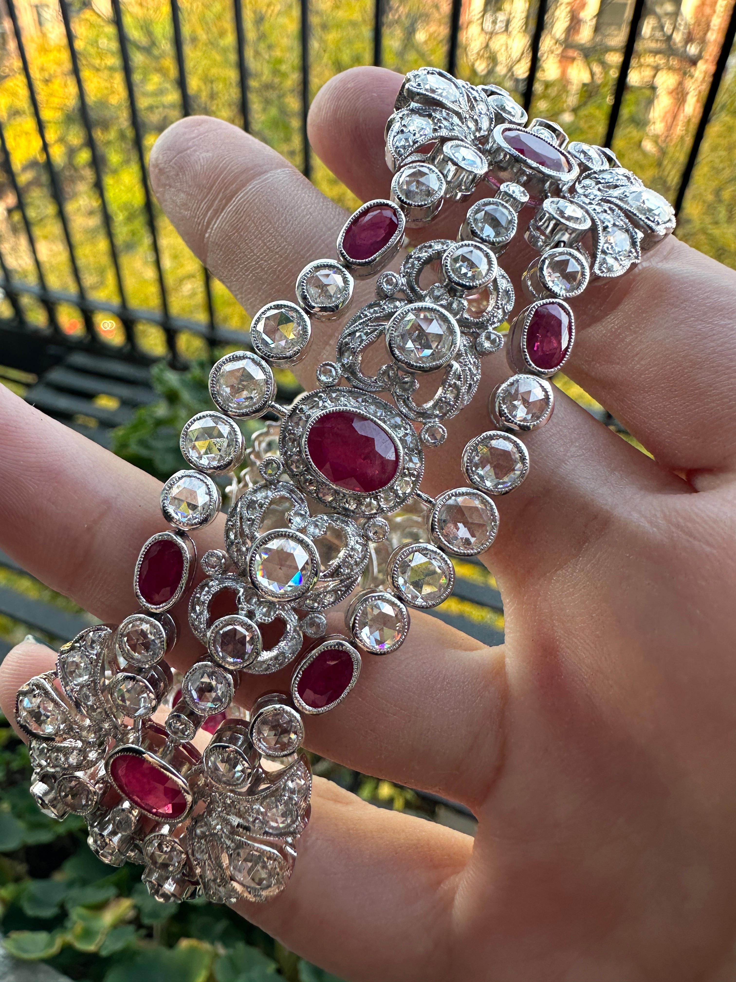 Bracciale con diamanti e rubini taglio rosa in oro bianco 18 carati in vendita 7