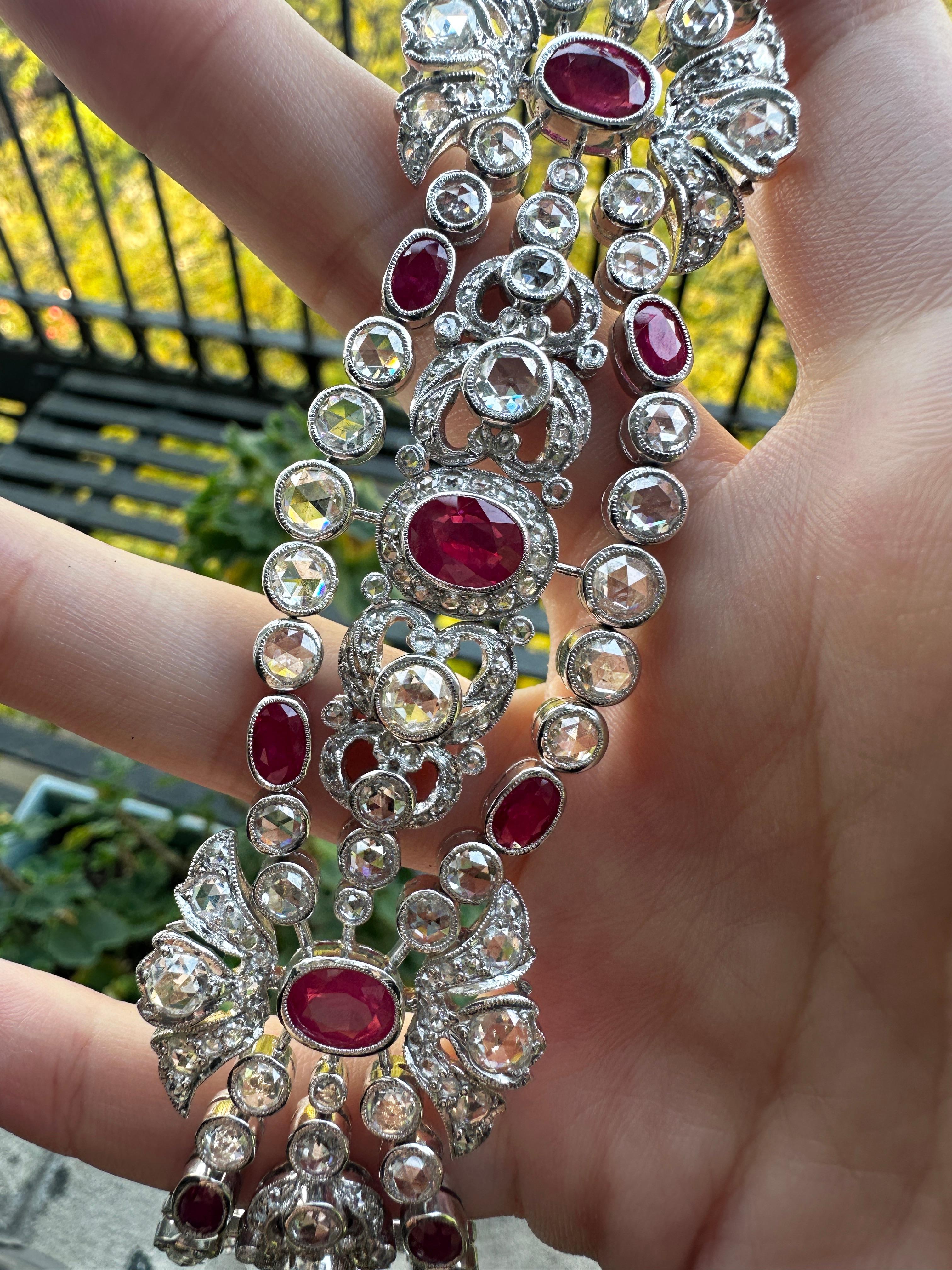 Bracciale con diamanti e rubini taglio rosa in oro bianco 18 carati in vendita 8