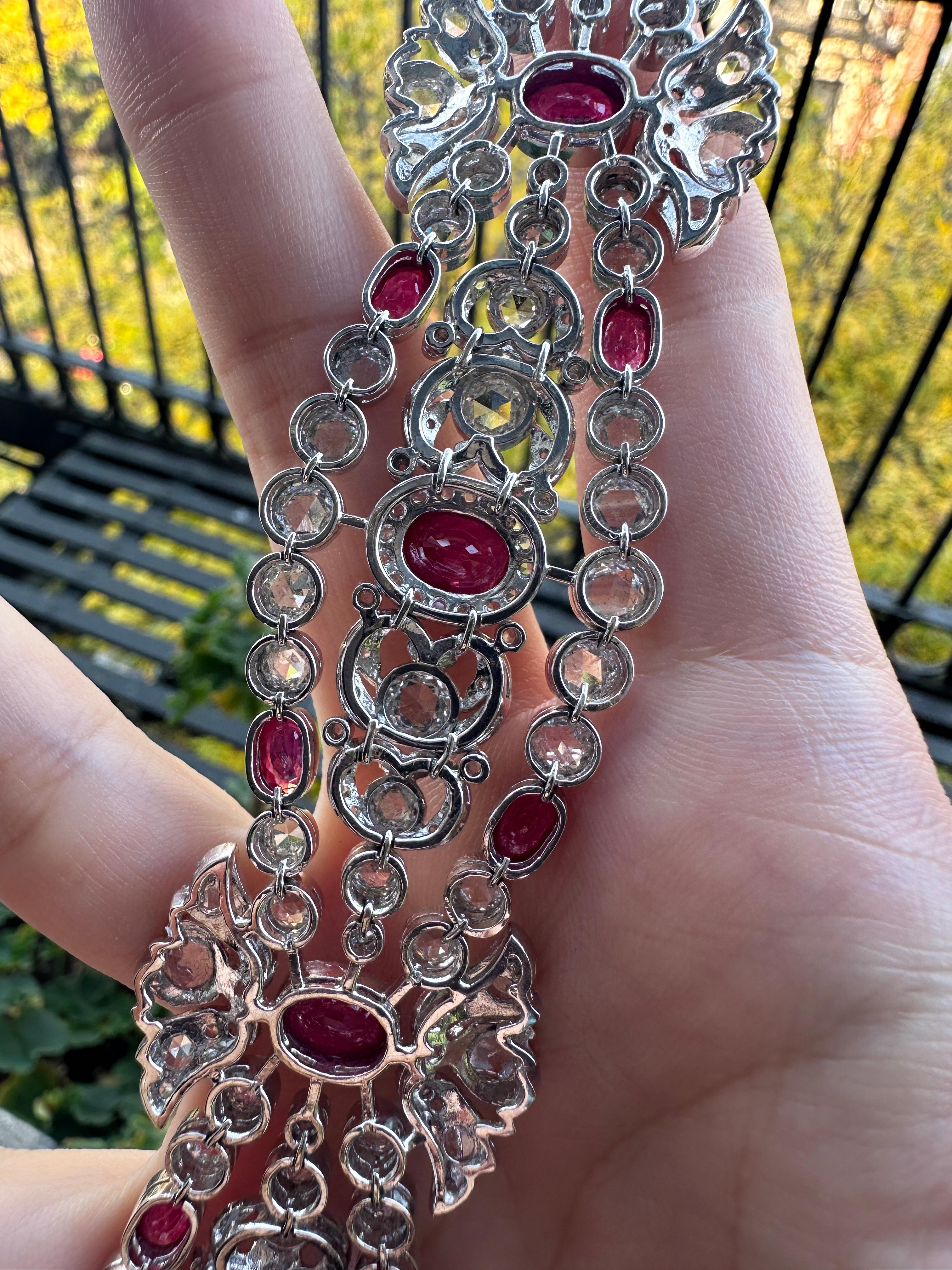 Bracciale con diamanti e rubini taglio rosa in oro bianco 18 carati in vendita 9