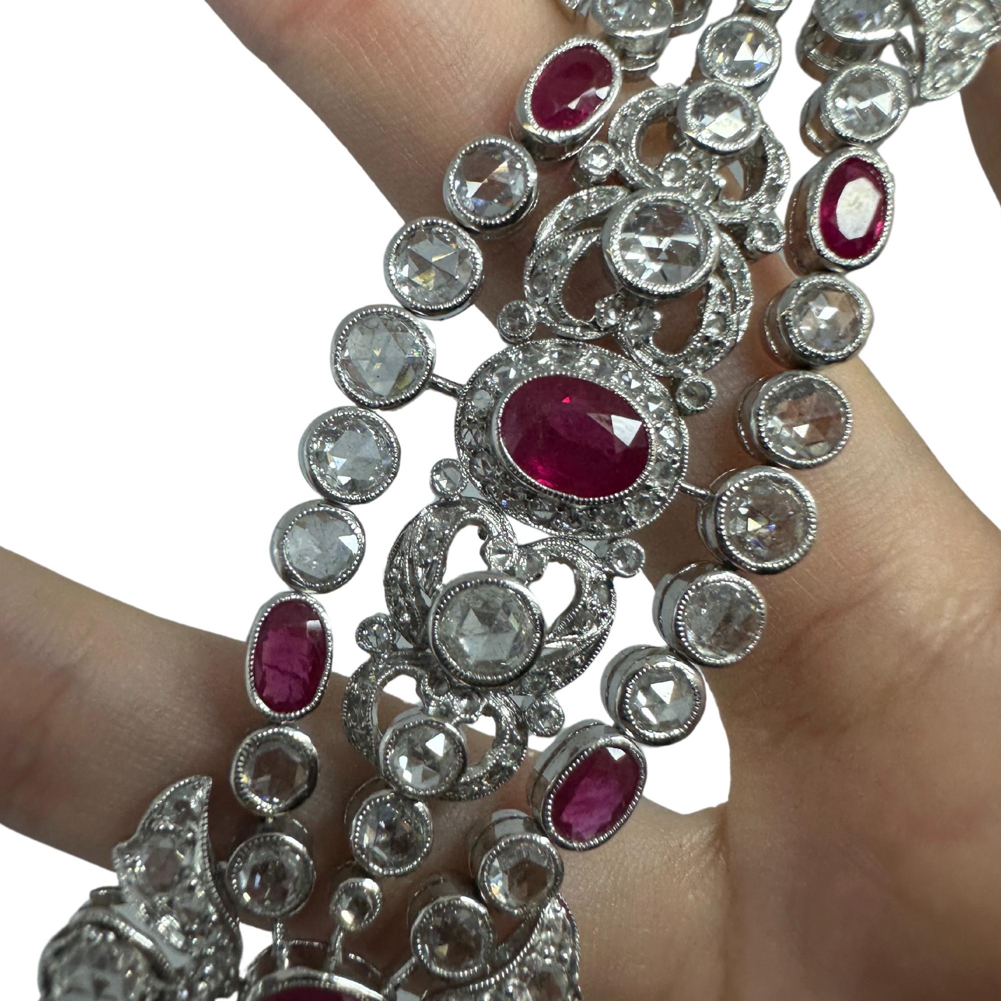 Bracciale con diamanti e rubini taglio rosa in oro bianco 18 carati in vendita 2