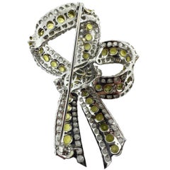 18K White Gold Rose Cut Diamond and Yellow Sapphire Bow Brooch
