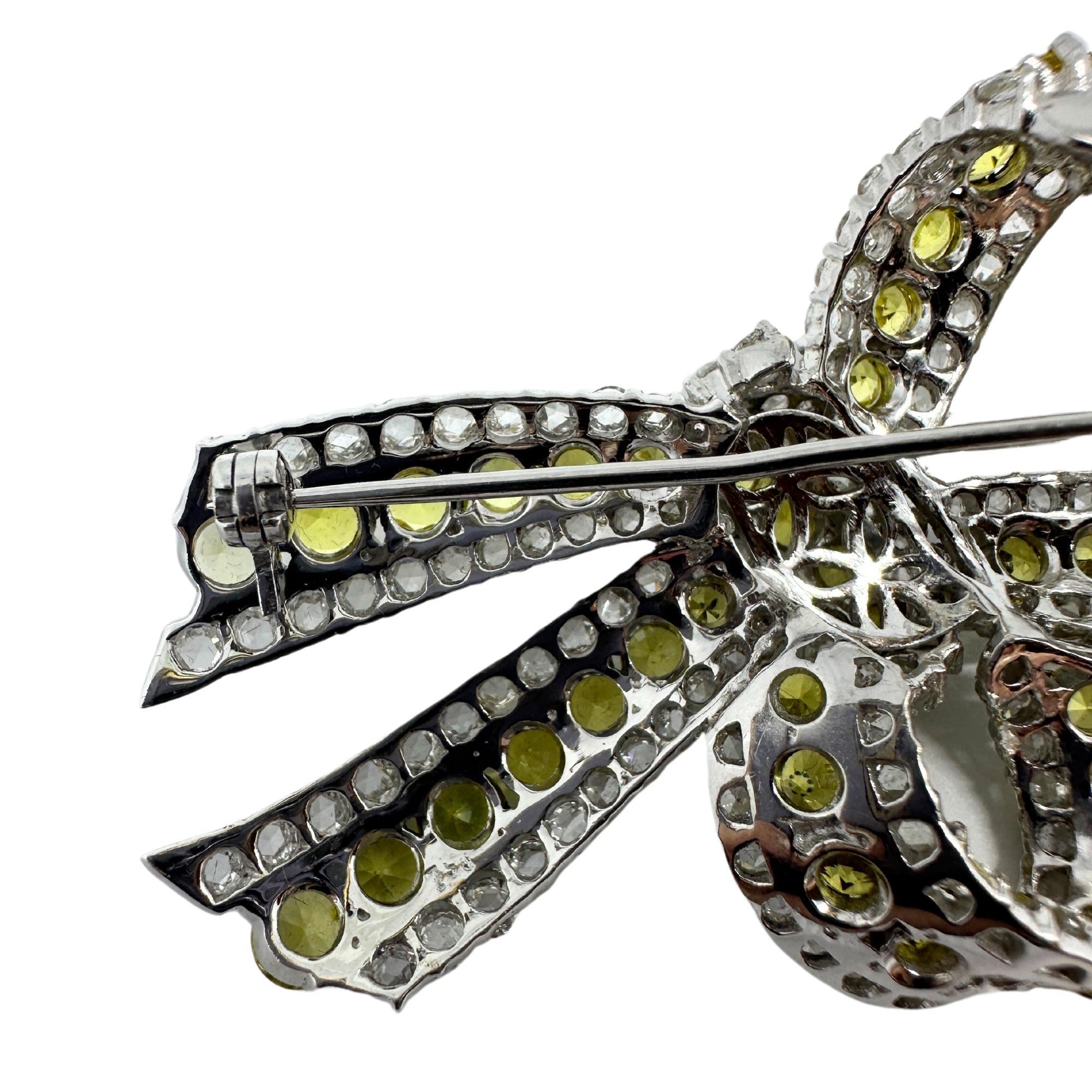 Modern 18K White Gold Rose Cut Diamond and Yellow Sapphire Bow Brooch For Sale
