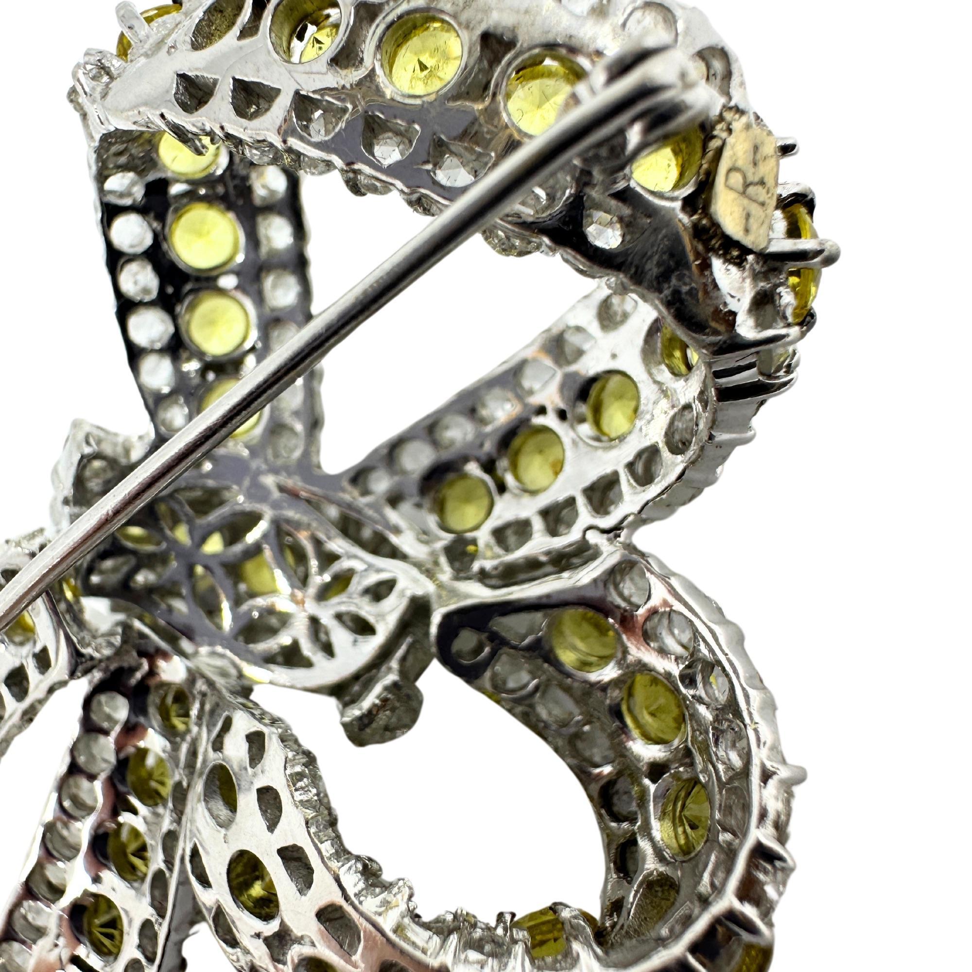 18K White Gold Rose Cut Diamond and Yellow Sapphire Bow Brooch In Good Condition For Sale In New York, NY