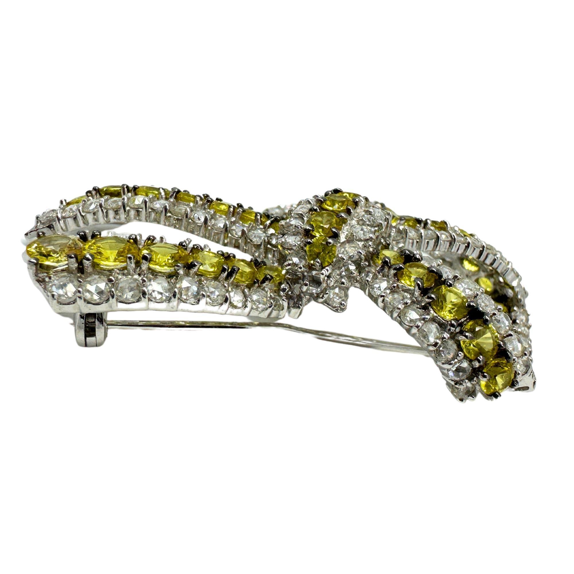 Women's 18K White Gold Rose Cut Diamond and Yellow Sapphire Bow Brooch For Sale