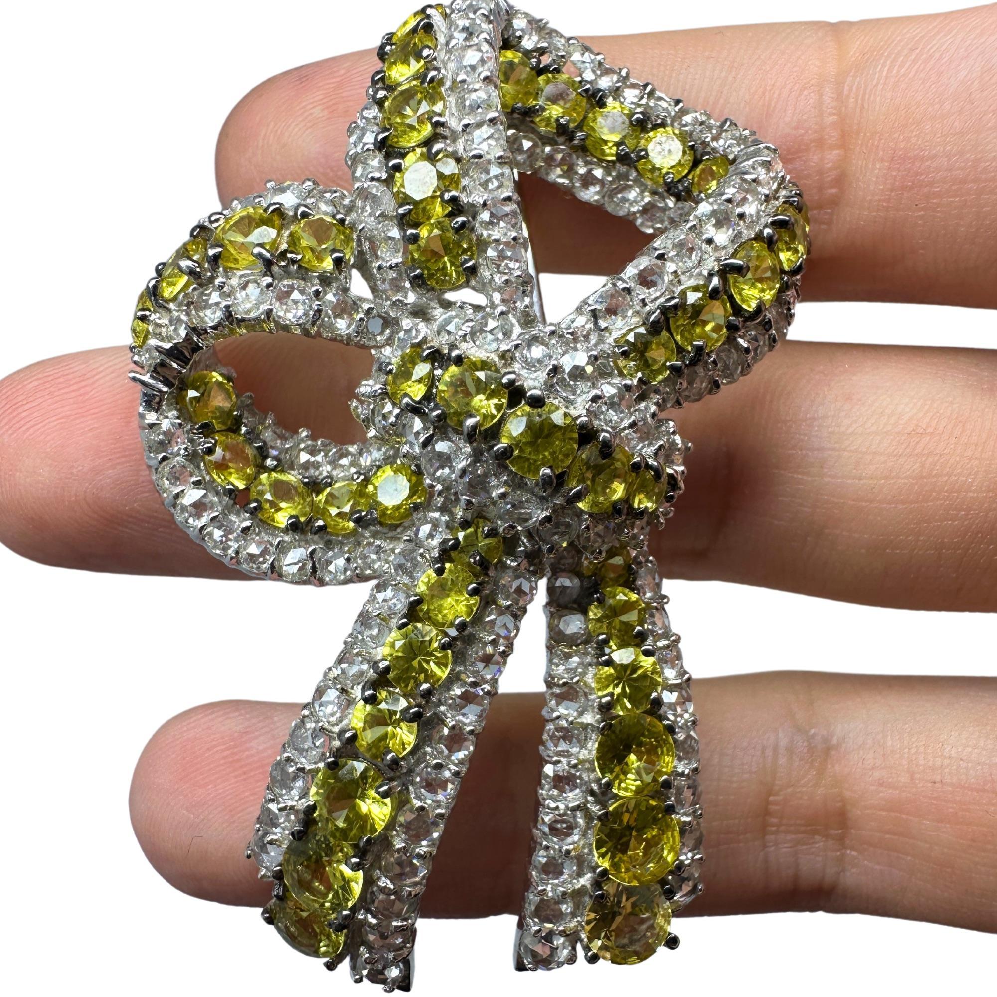 18K White Gold Rose Cut Diamond and Yellow Sapphire Bow Brooch For Sale 1