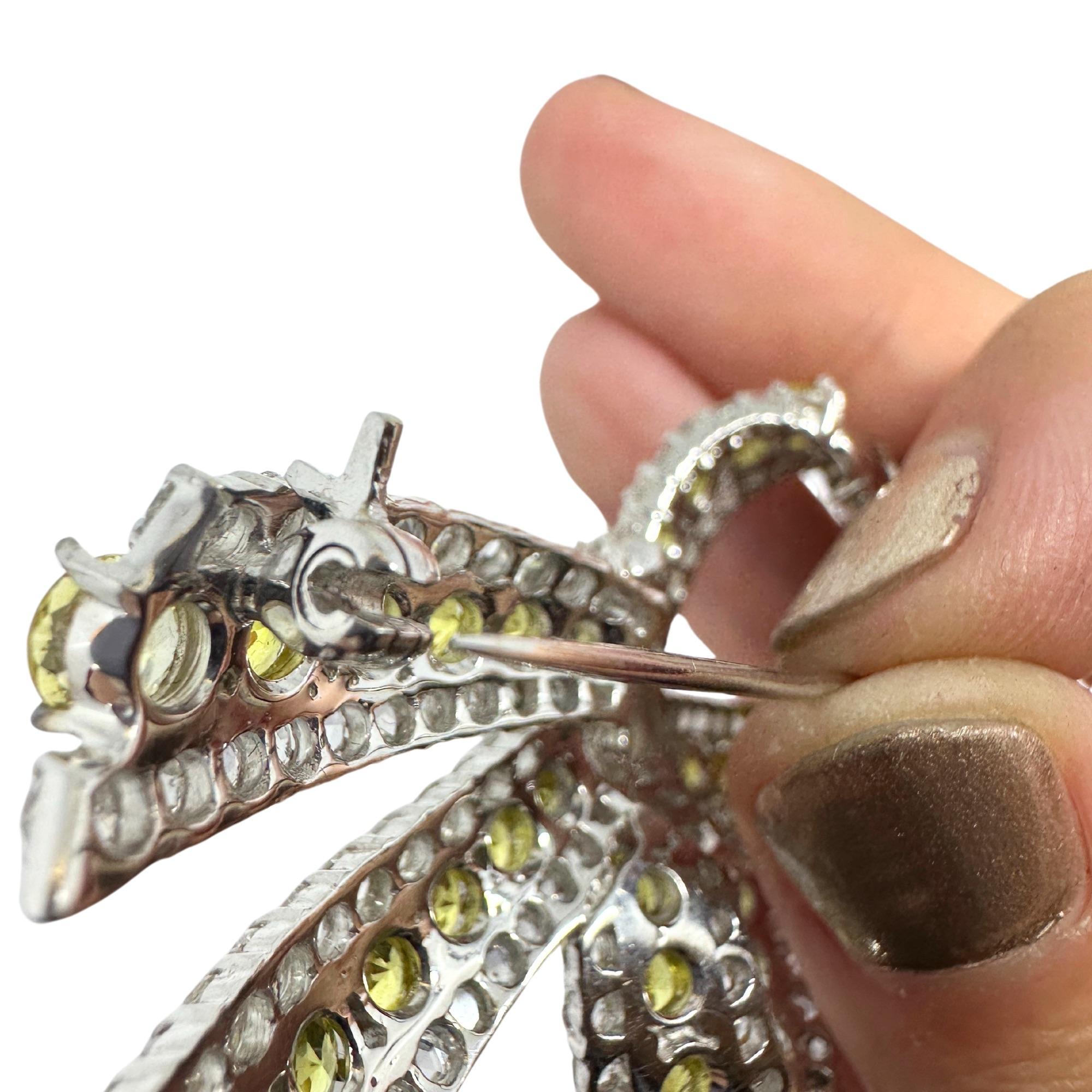 18K White Gold Rose Cut Diamond and Yellow Sapphire Bow Brooch For Sale 2