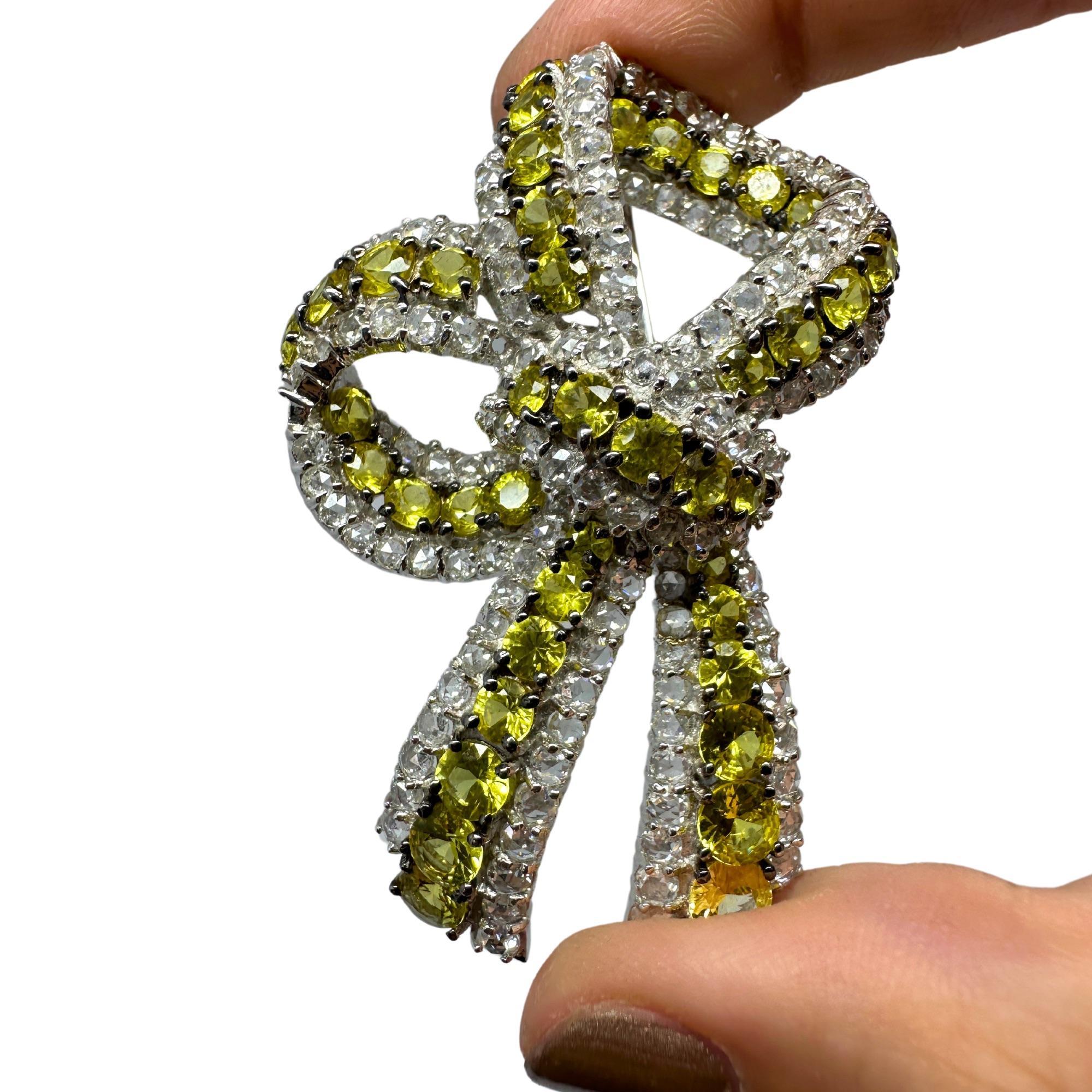 18K White Gold Rose Cut Diamond and Yellow Sapphire Bow Brooch For Sale 3