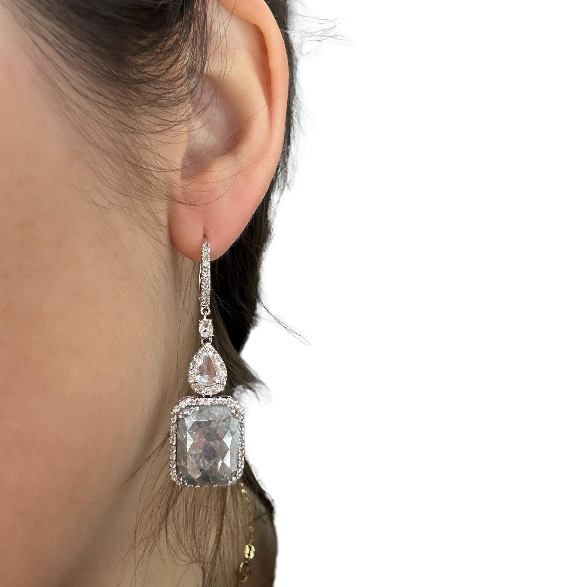 18K White Gold Rose Cut Diamond Drop Earrings
Condition: In good condition with some minor surface wear consistent with age. 
Length: 2 inches
Width: 0.50 inches
Metal: 18k White Gold 
Rose Cut Diamonds: 16.92 carats