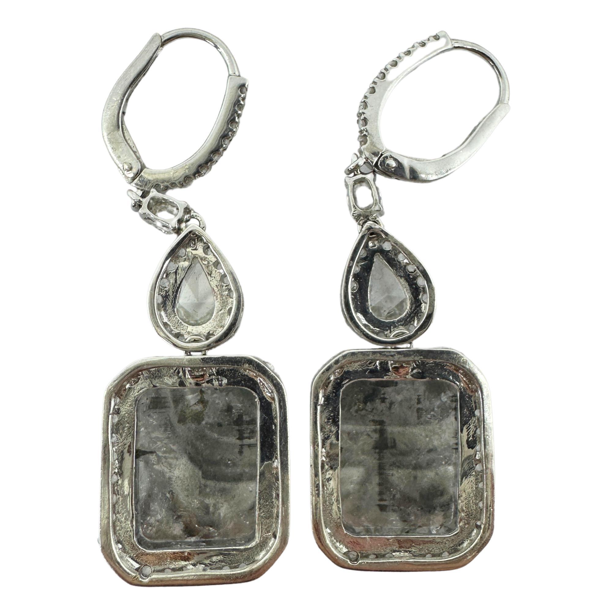 Women's 18K White Gold Rose Cut Diamond Drop Earrings For Sale