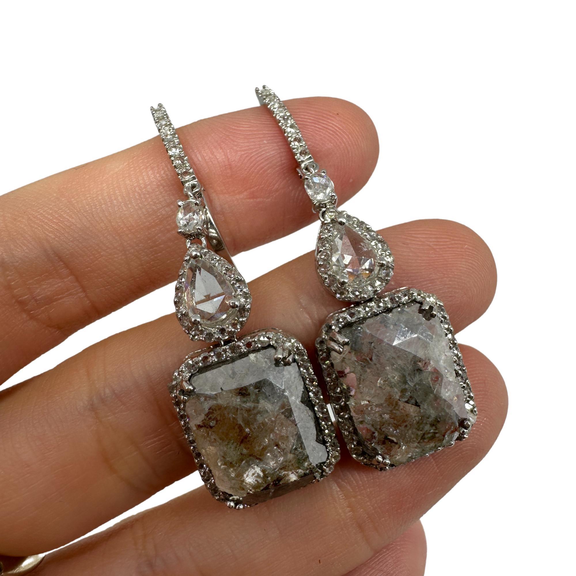 18K White Gold Rose Cut Diamond Drop Earrings For Sale 2