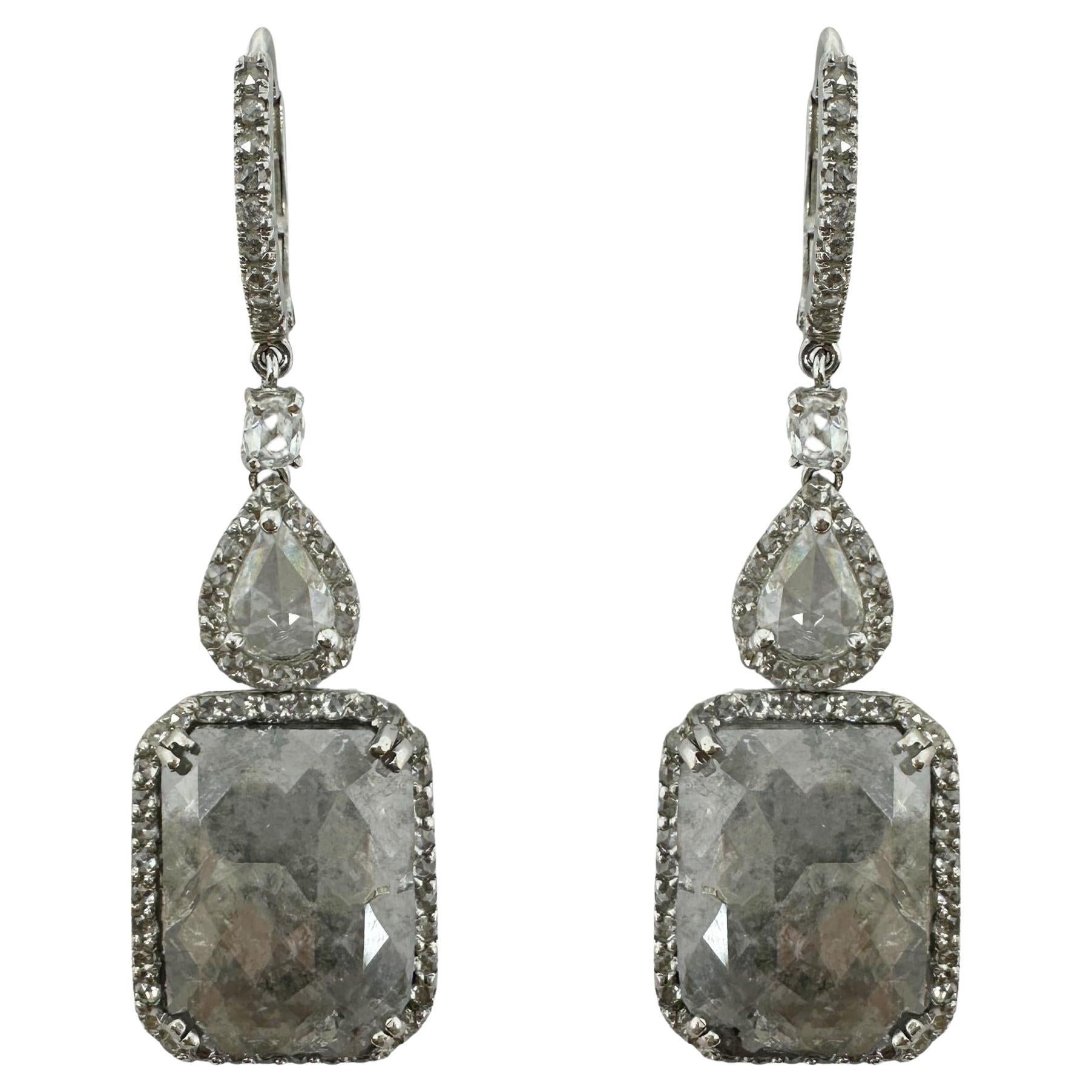 18K White Gold Rose Cut Diamond Drop Earrings
