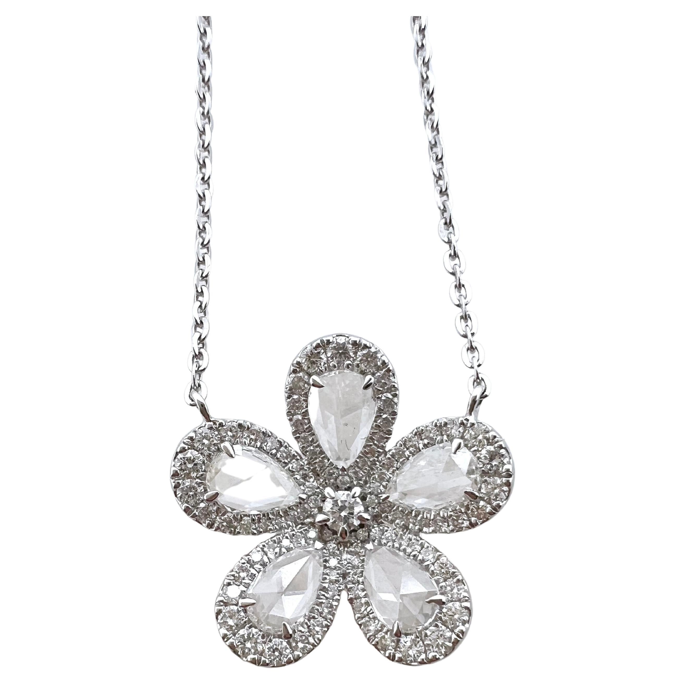 18k White Gold Rose Cut Diamond Floral Pendant