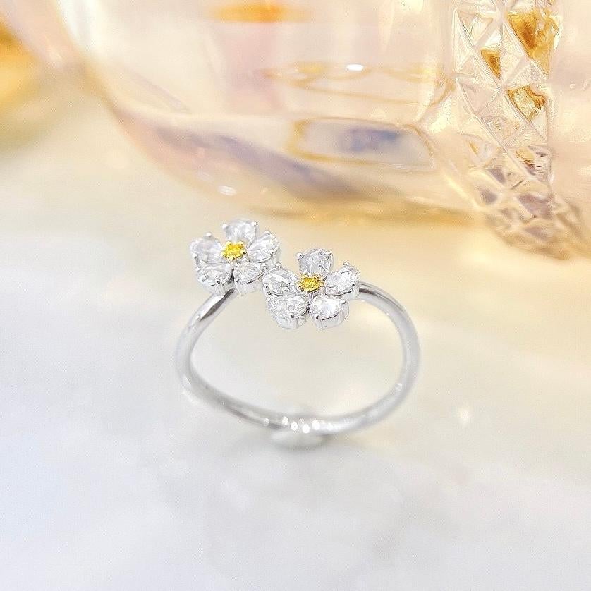 Modern 18K White Gold Rose-Cut Diamond Flower Ring For Sale