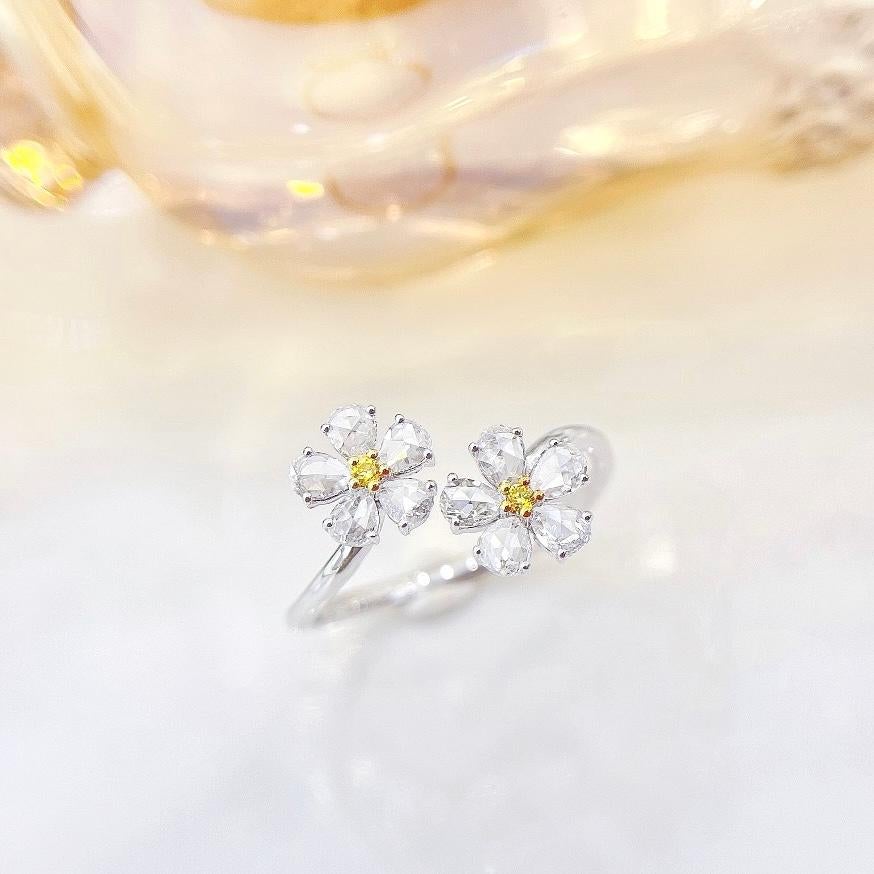 Rose Cut 18K White Gold Rose-Cut Diamond Flower Ring For Sale