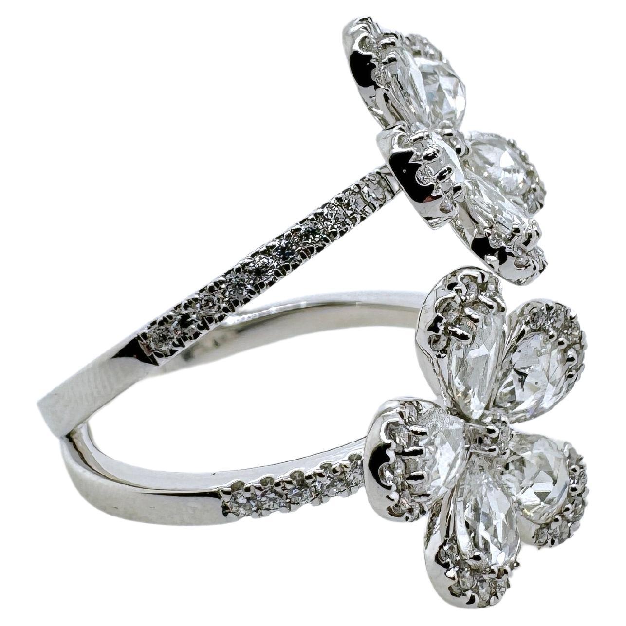 Contemporary 18k White Gold Rose Cut Double Flower Diamond Ring For Sale