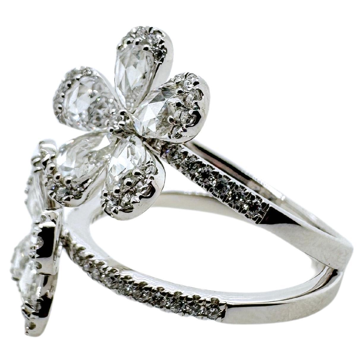 18k White Gold Rose Cut Double Flower Diamond Ring In New Condition For Sale In Carrollton, TX