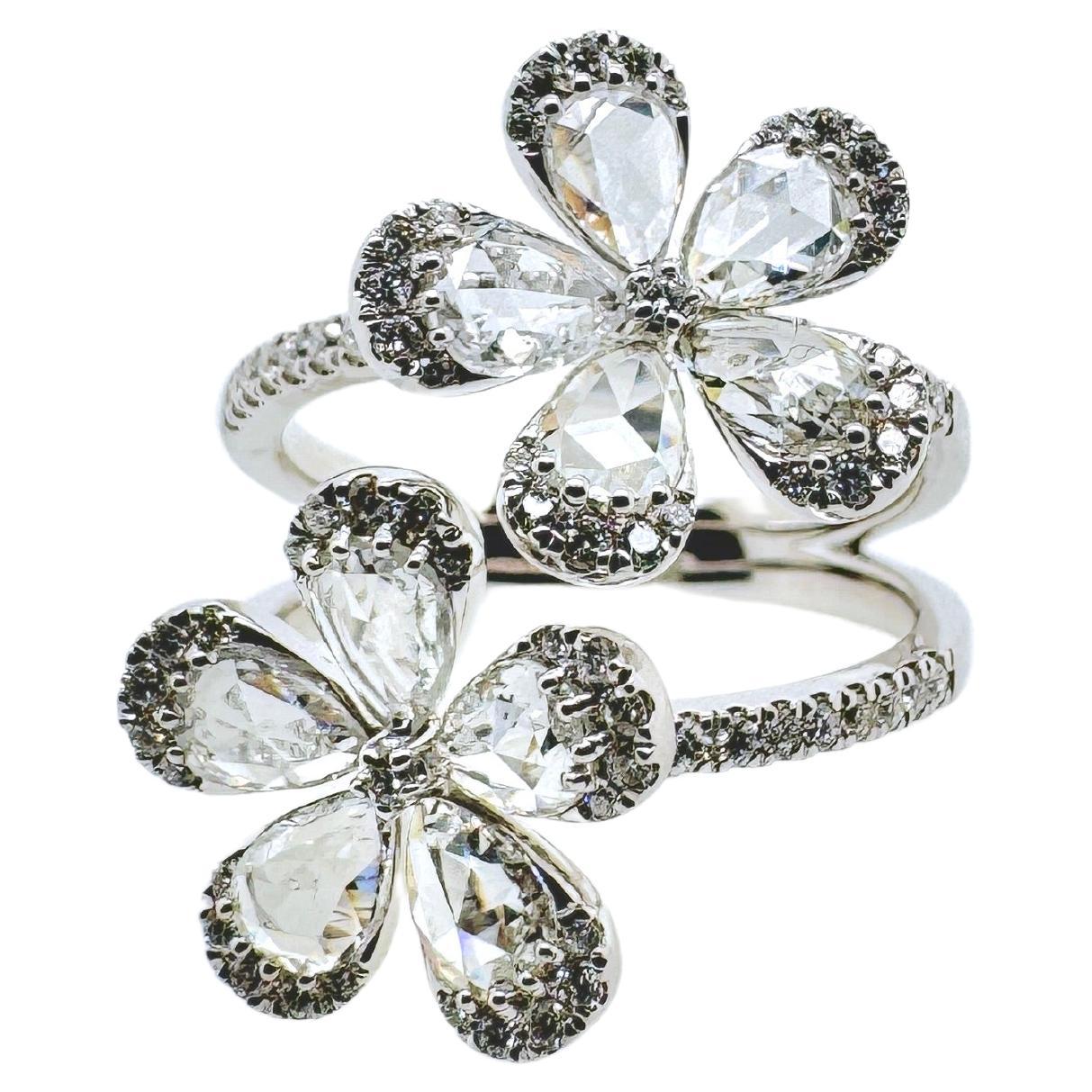 18k White Gold Rose Cut Double Flower Diamond Ring