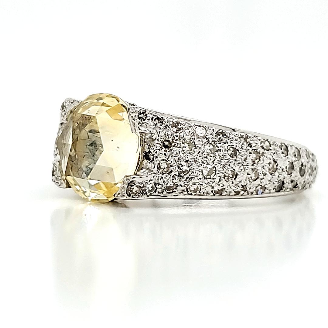 18k White Gold Rose-Cut Yellow Sapphire 2.07 cts Diamond Engagement Ring For Sale 1