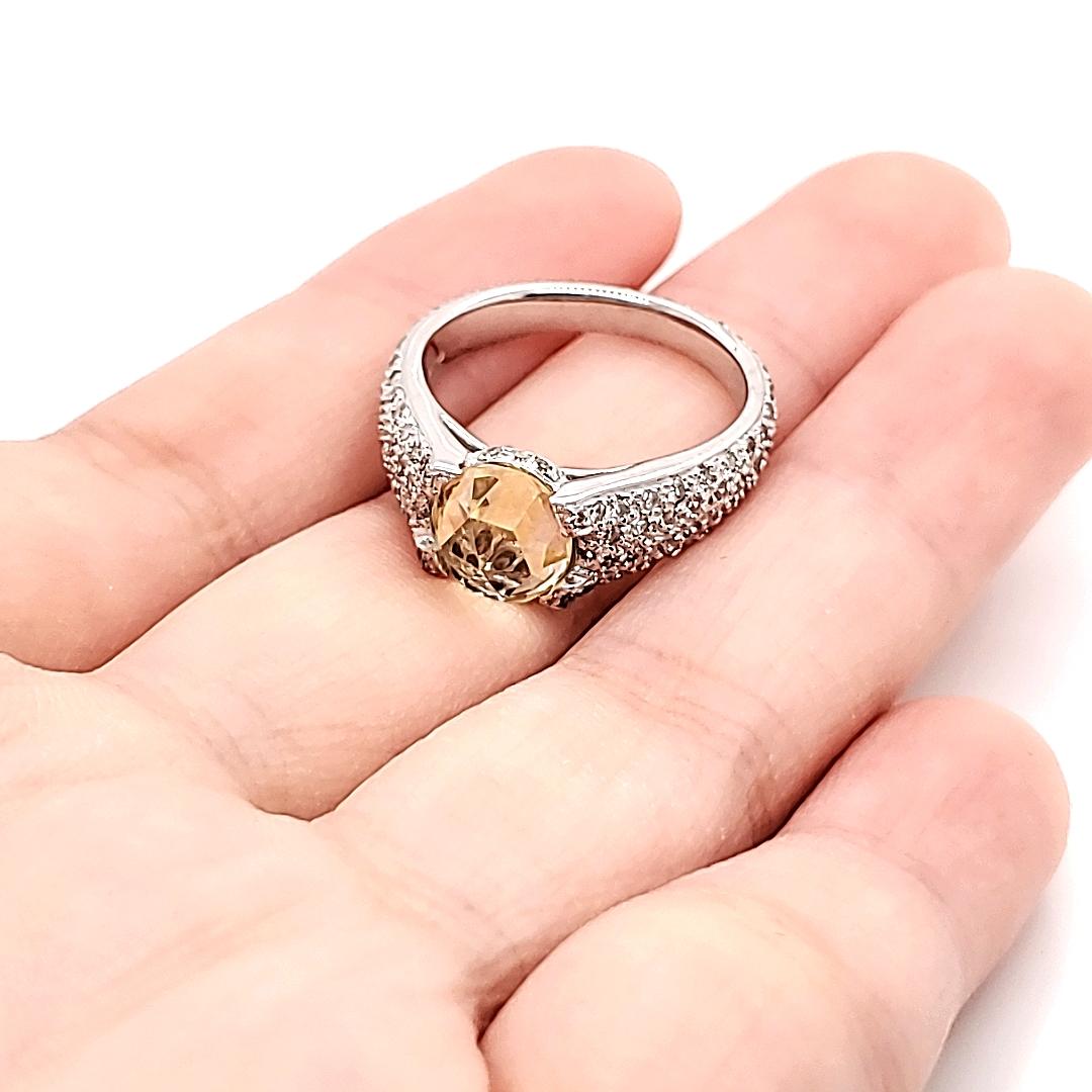 18k White Gold Rose-Cut Yellow Sapphire 2.07 cts Diamond Engagement Ring For Sale 2