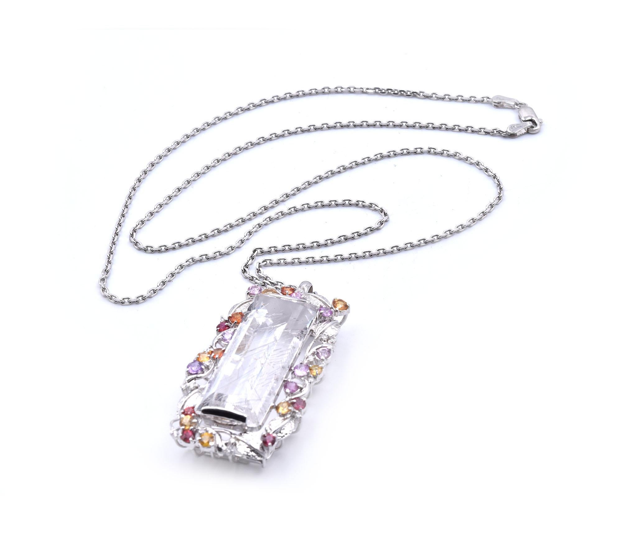 Rose Cut 18 Karat White Gold Rutilated Quartz and Multi Sapphire and Diamond Pendant