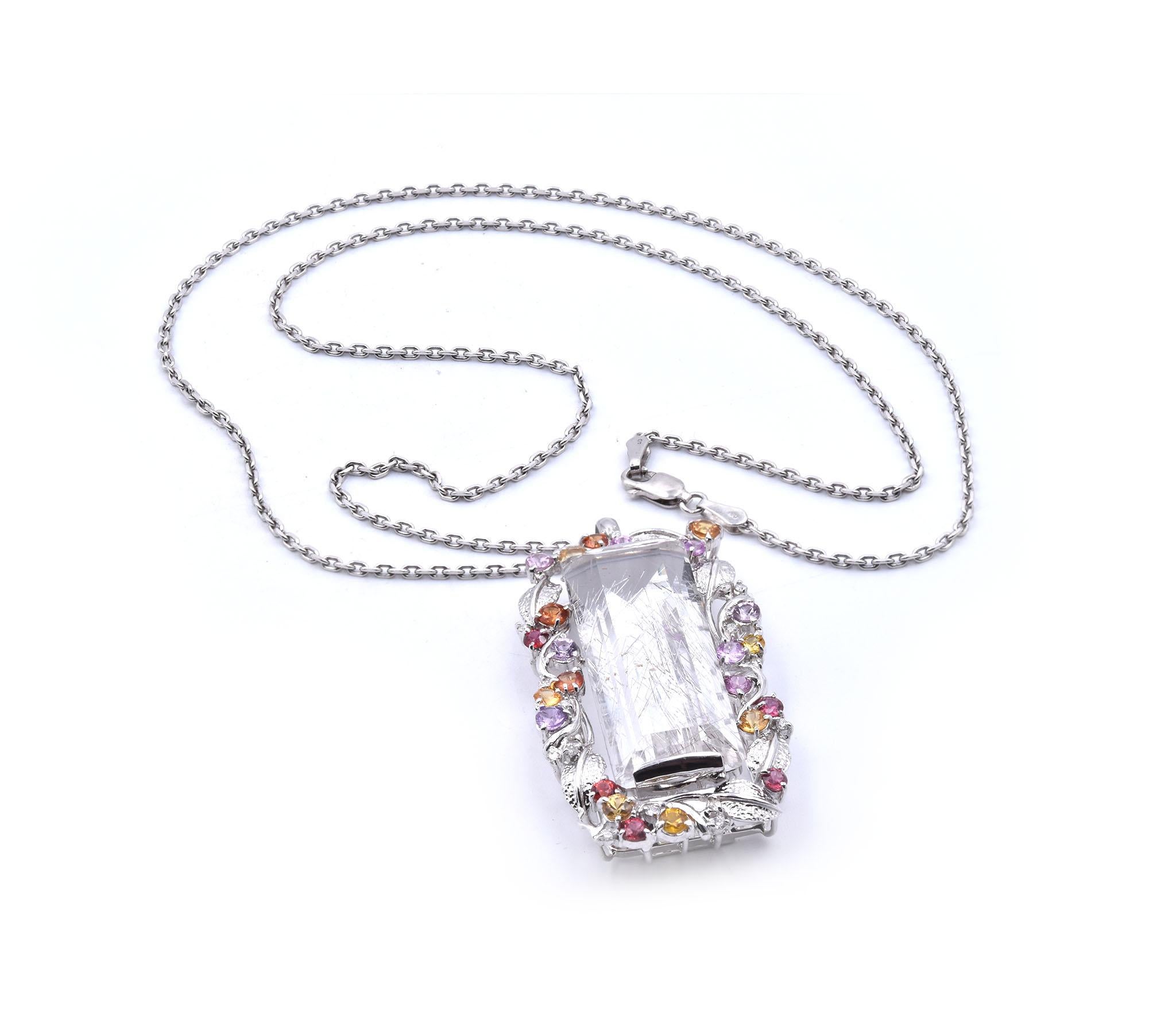 18 Karat White Gold Rutilated Quartz and Multi Sapphire and Diamond Pendant In Excellent Condition In Scottsdale, AZ