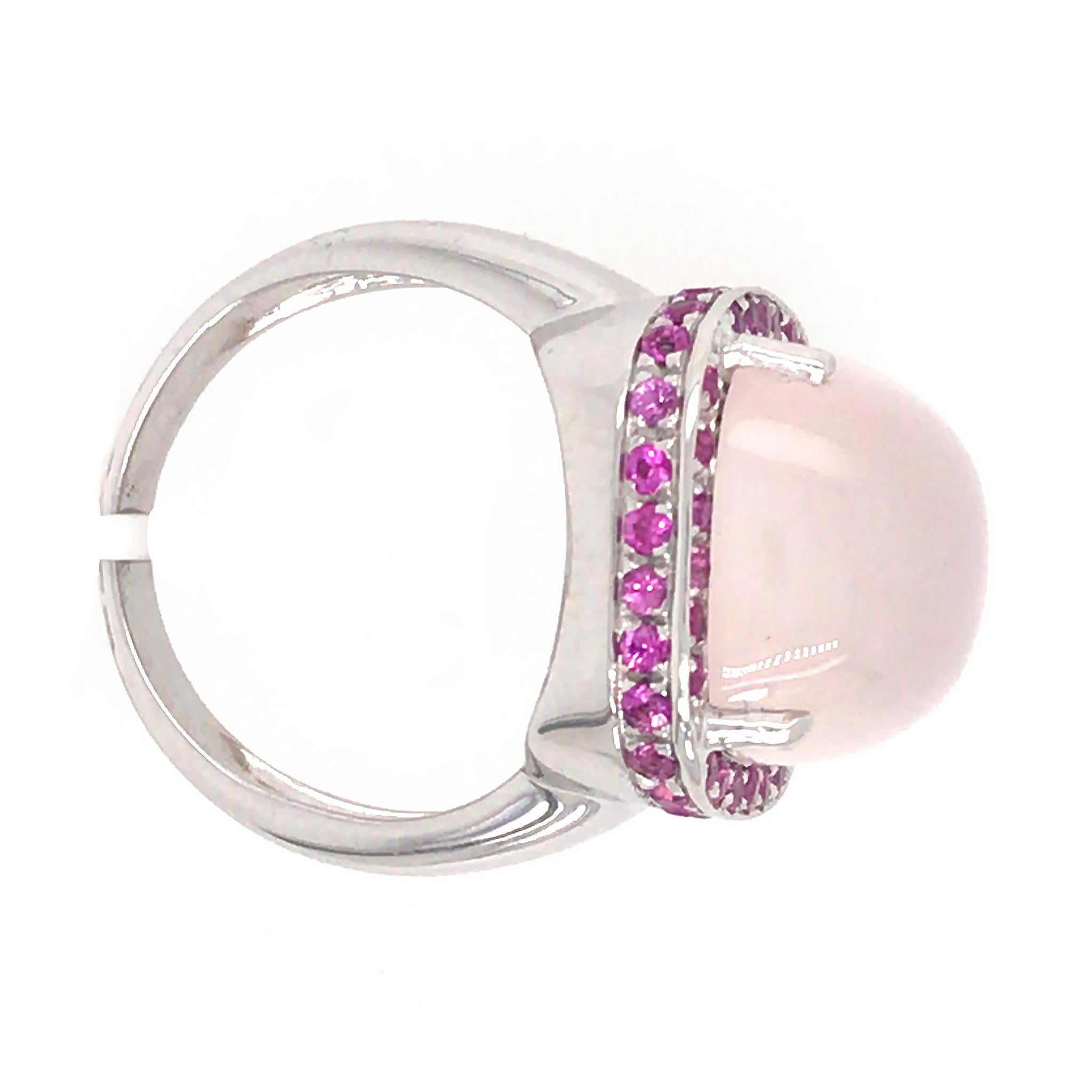 oxidized sterling silver rose quartz cable cabochon ring with pink sapphires