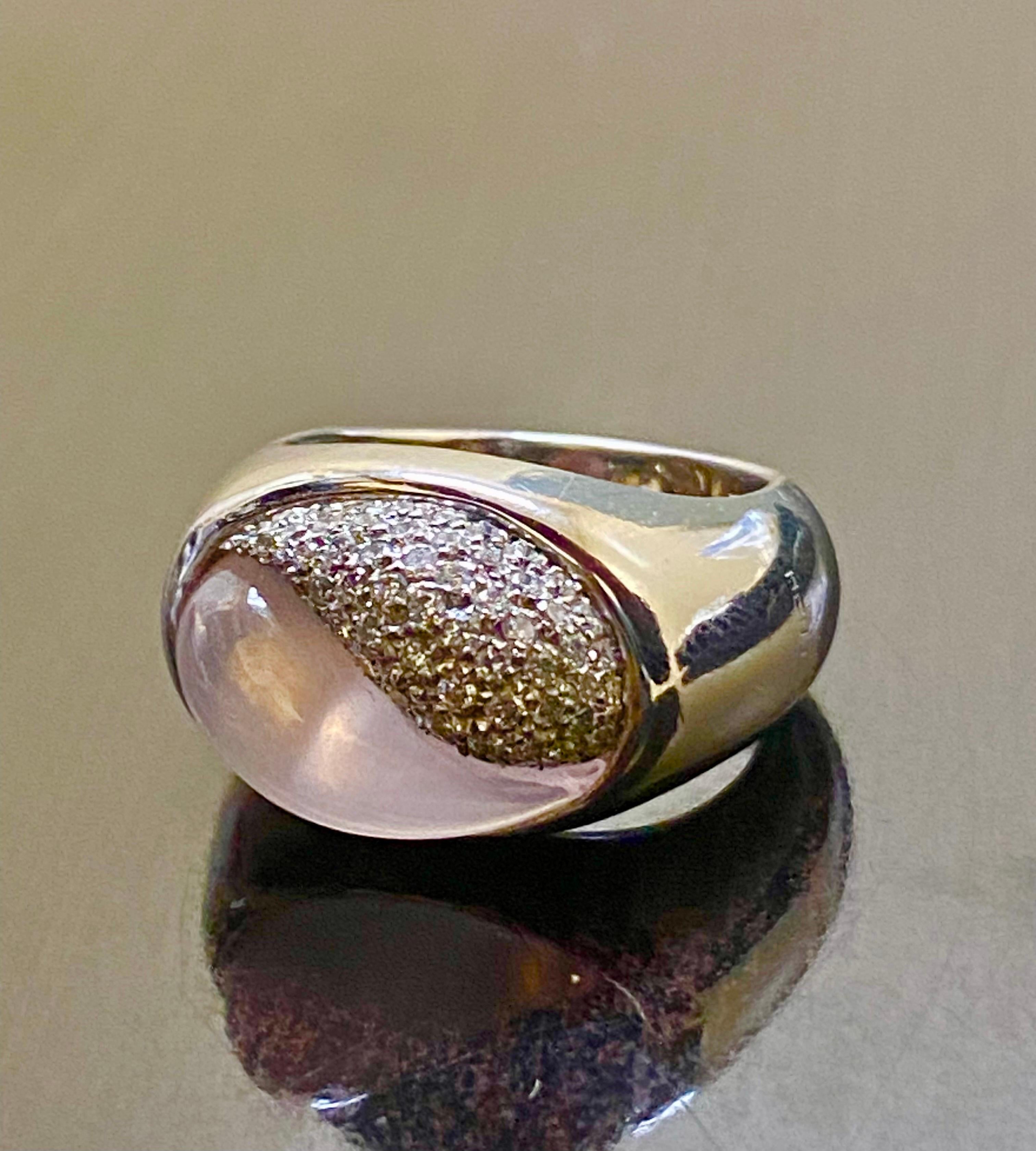 Cabochon 18K White Gold Rose Quartz Pave Diamond Yin Yang Mattioli Ring For Sale