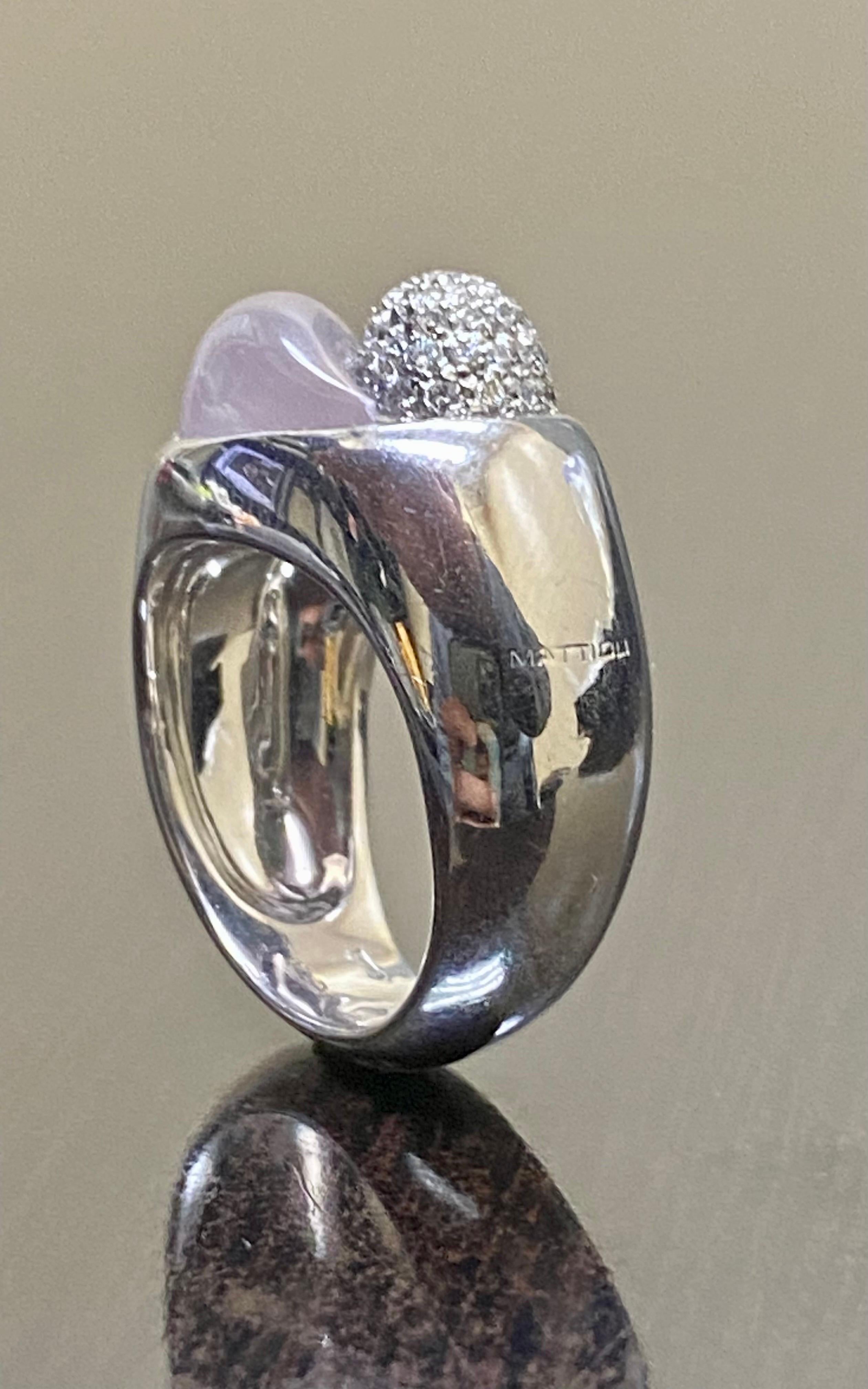 18K White Gold Rose Quartz Pave Diamond Yin Yang Mattioli Ring In Excellent Condition For Sale In Los Angeles, CA